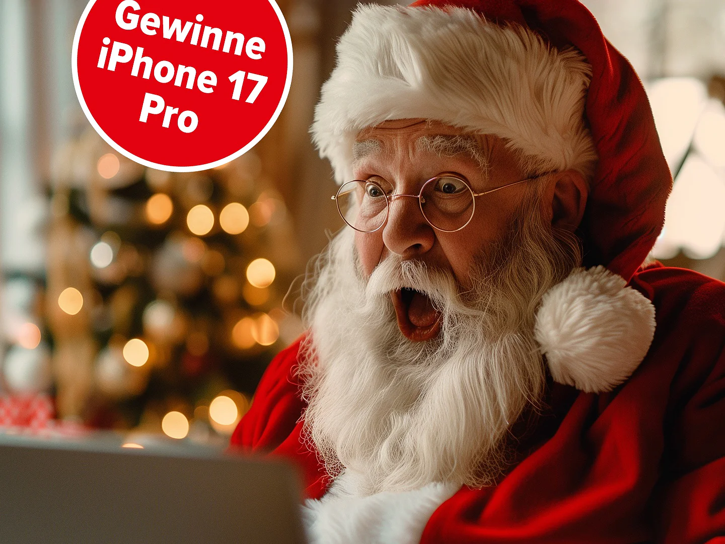 Ein überraschter Weihnachtsmann sitzt an einem Laptop mit einer Tesafilmrolle in der Nähe. Dahinter ein Weihnachtsbaum; im roten Kreis steht Gewinne iPhone 17 Pro. (This text has been generated by AI)