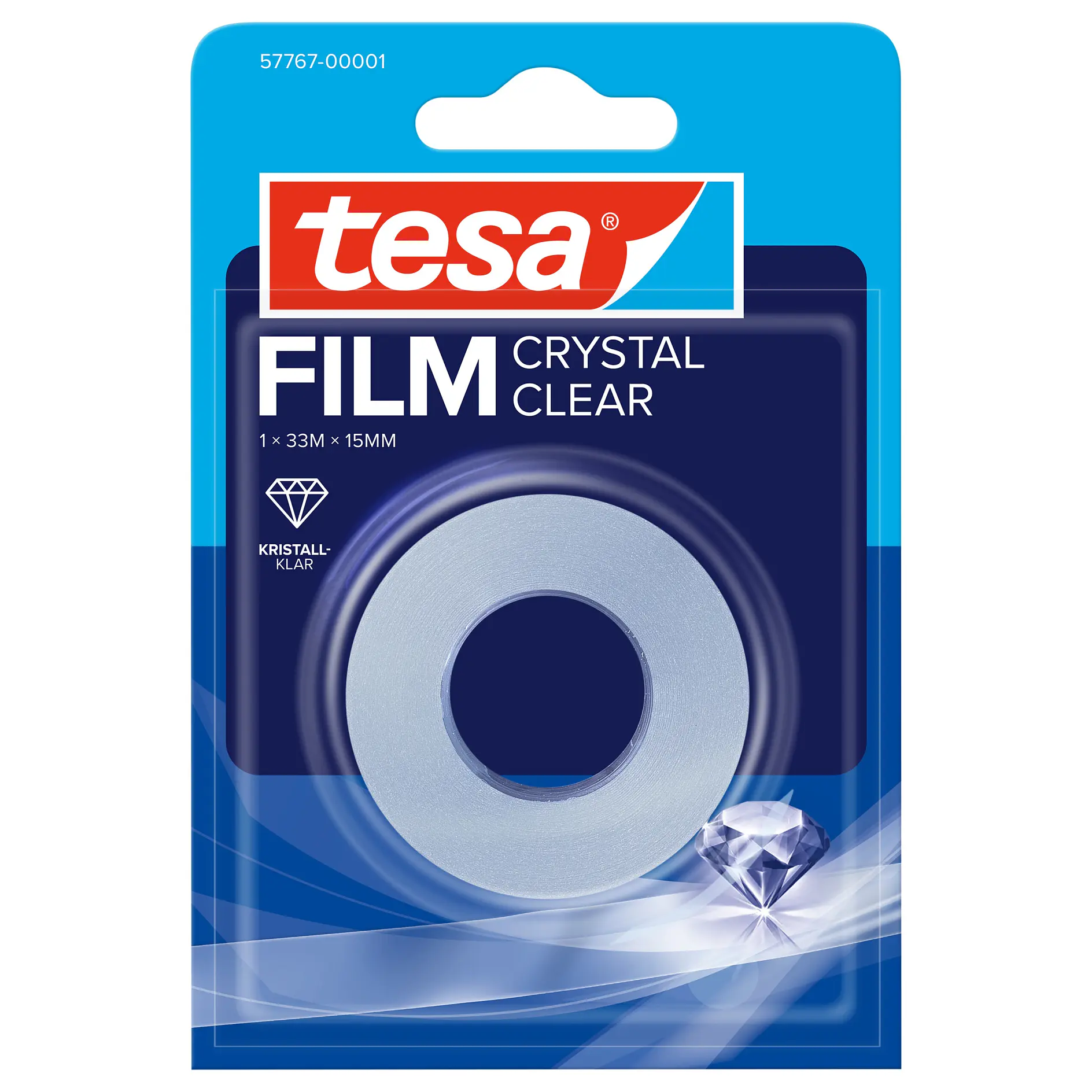 tesa crystal clear film tape roll in blue and white retail packaging with diamond icon on bottom right (This text has been generated by AI)