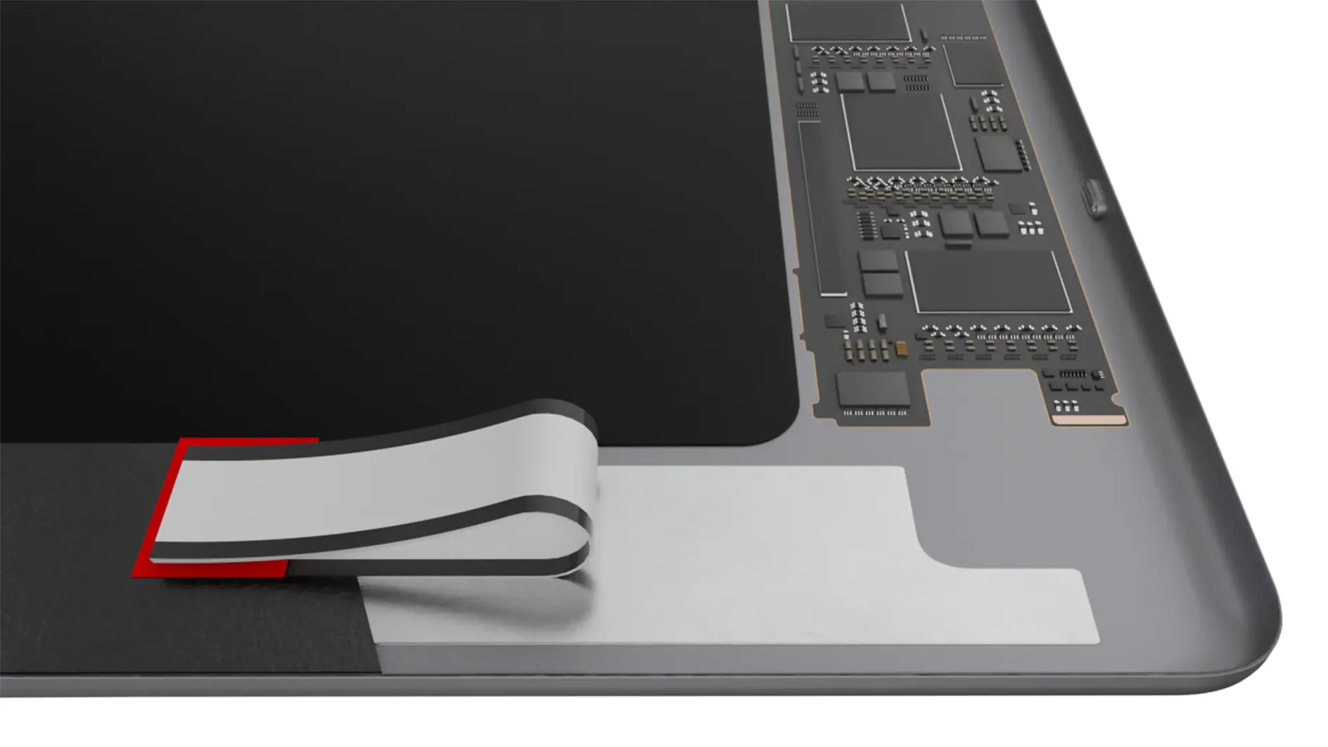 tesa Klebebandabroller mit transparenter Klebebandrolle neben einem schwarzen rechteckigen Bildschirm auf hellblauem Hintergrund (This text has been generated by AI)