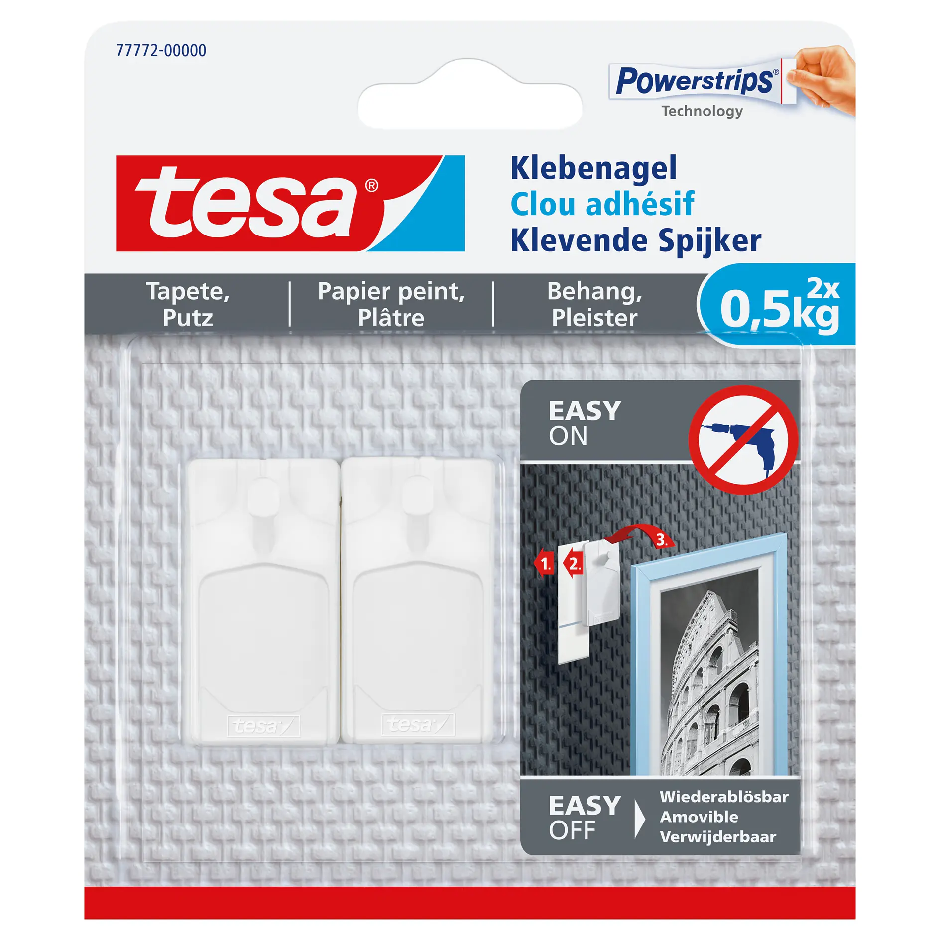 tesa adhesive strips packaging showing two white strips for wall mounting, with instructions and weight limit of 0.5 kg, indoor use (This text has been generated by AI)