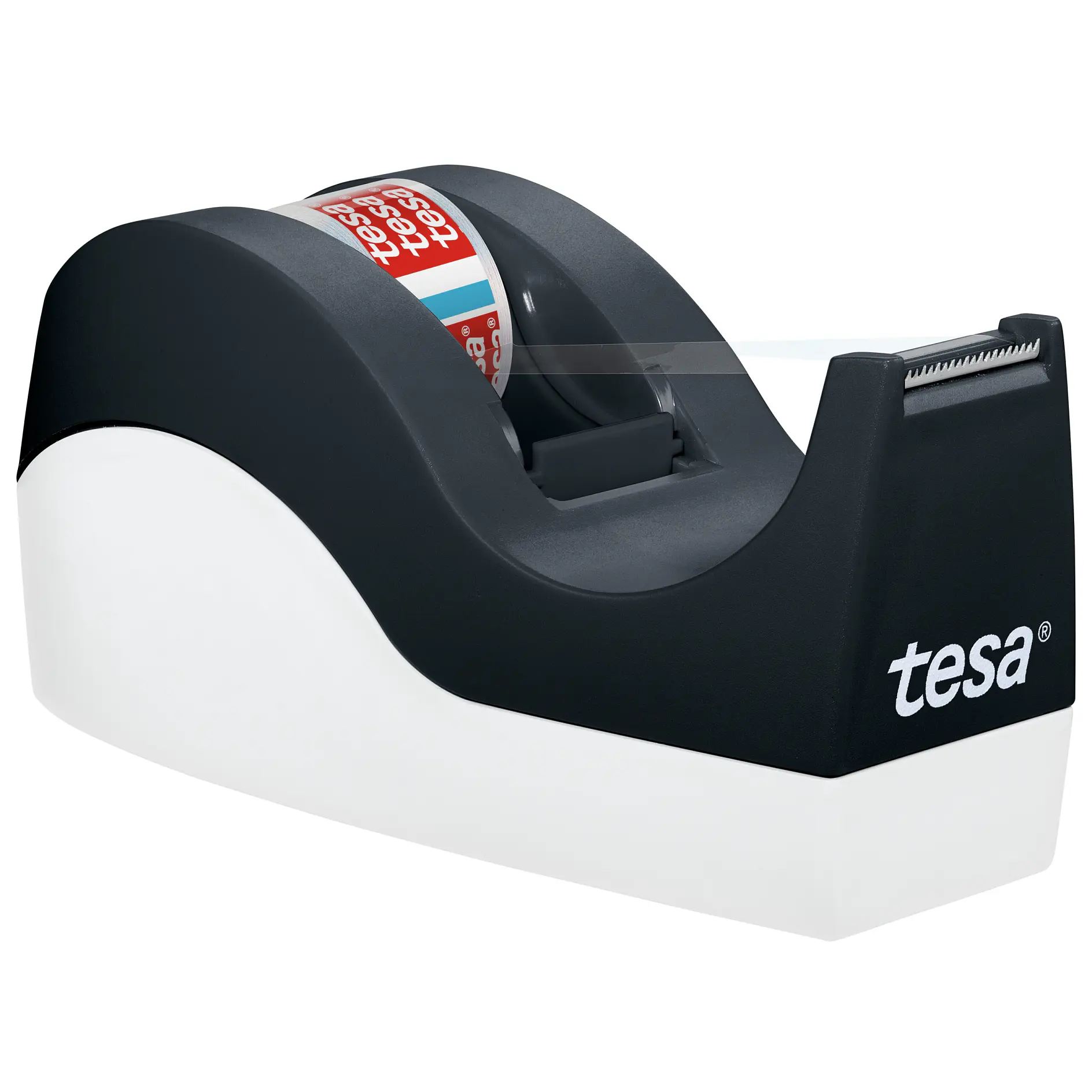 Black and white tesa tape dispenser holding a roll of red and white adhesive tape on a white background (This text has been generated by AI)