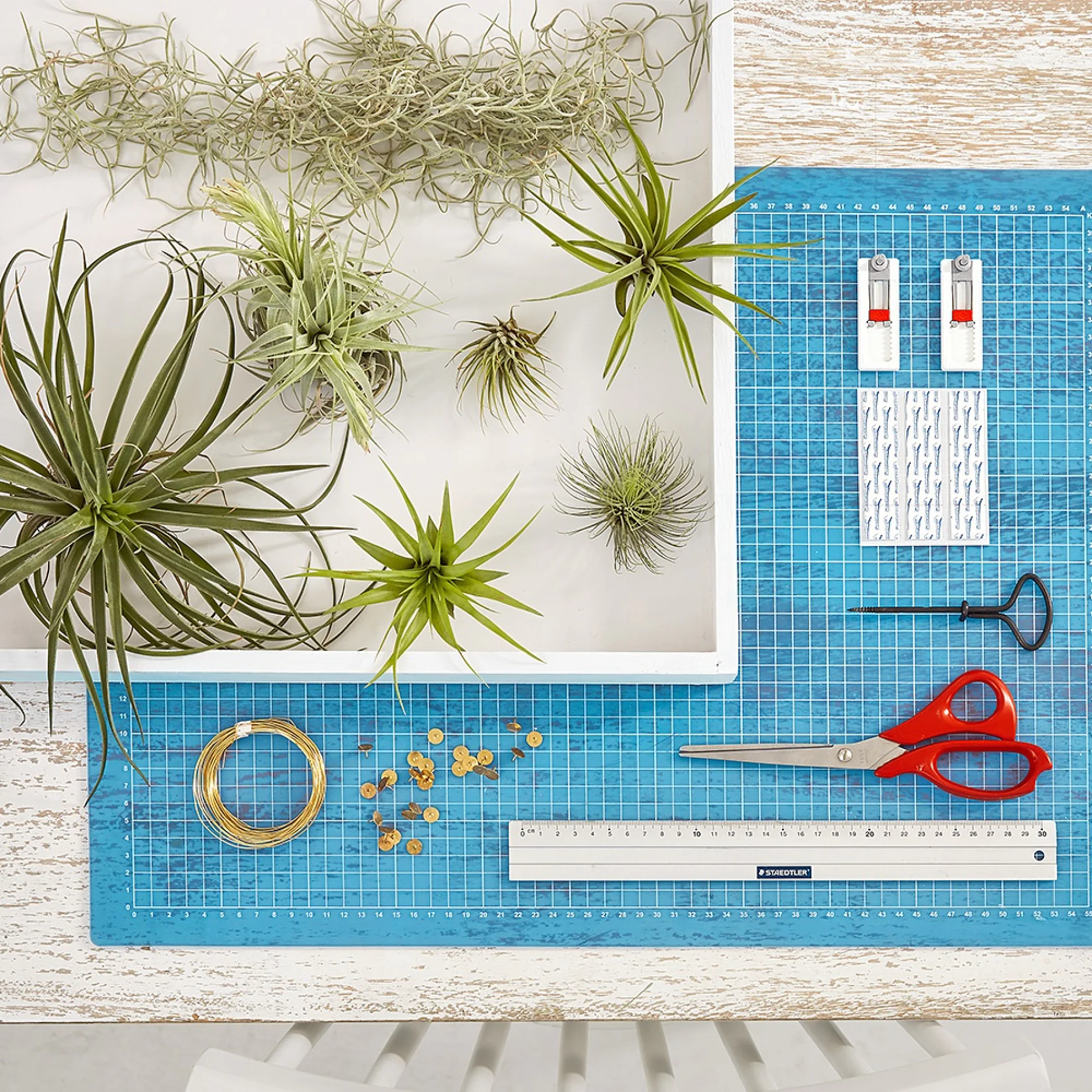 The items needed to create an indoor vertical garden. Übersicht der benötigten Materialien zum Bau des Hängegartens.