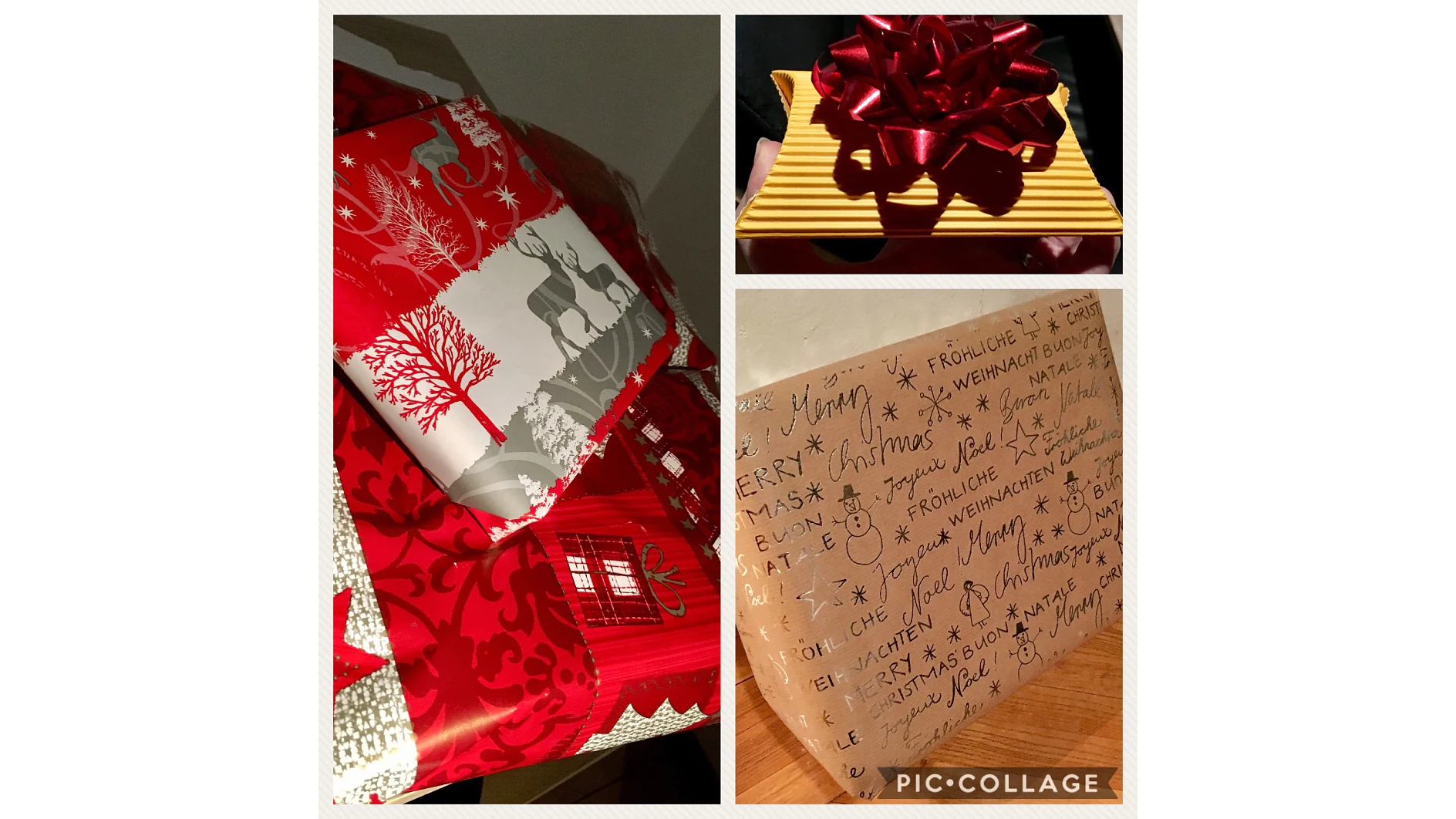 Collage aus drei verpackten Geschenken: links rotes und silbernes Tesaband mit Bäumen und Hirschen, oben rechts eine gelbe Schachtel mit roter Schleife, unten rechts braunes Tesaband mit mehrsprachigen Weihnachtsgrüßen. (This text has been generated by AI)