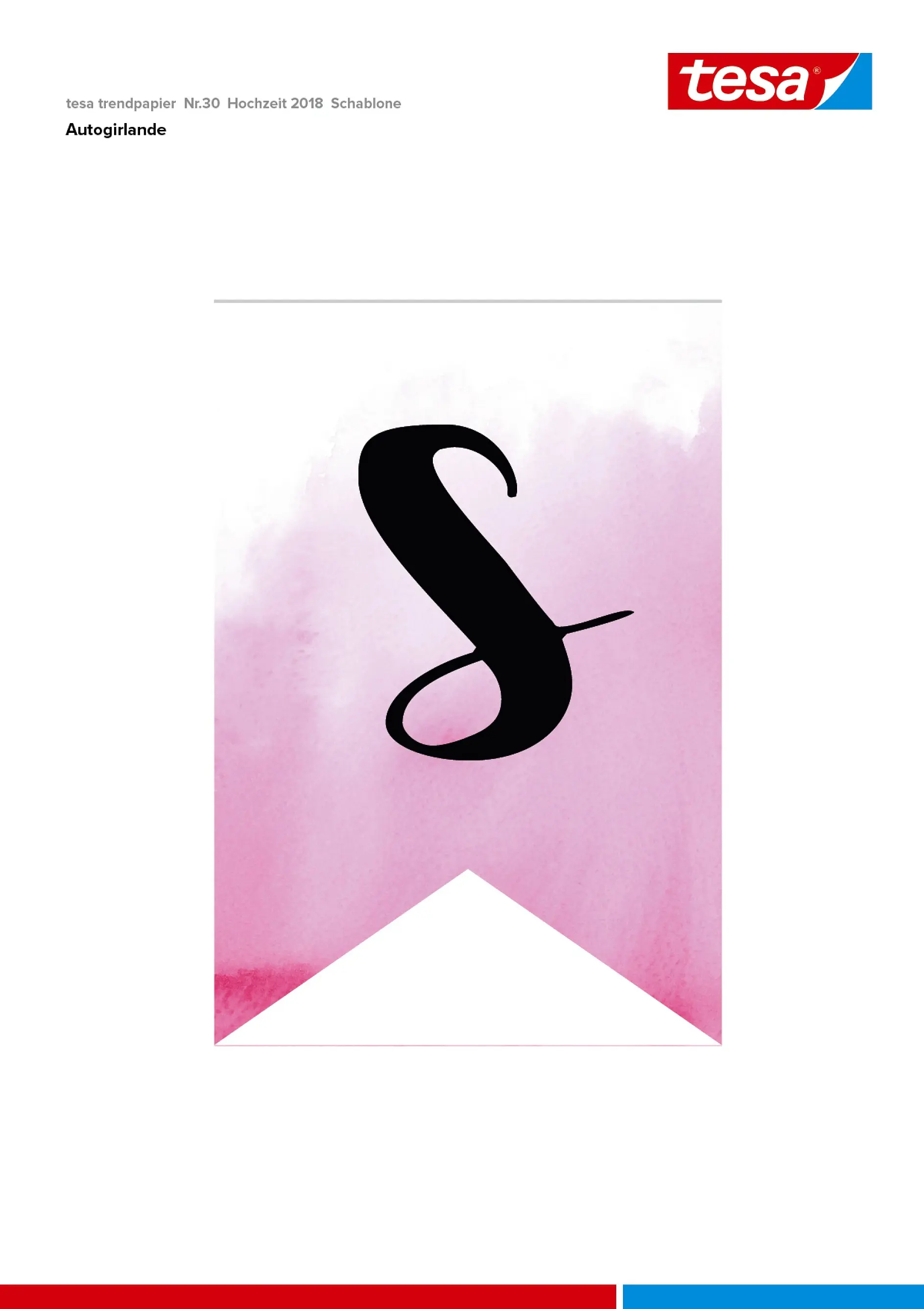 A white flag-shaped card with a pink watercolor background features a large black calligraphic letter S in the center. The top left corner displays the tesa tape logo, and German text appears in the top section. (This text has been generated by AI)