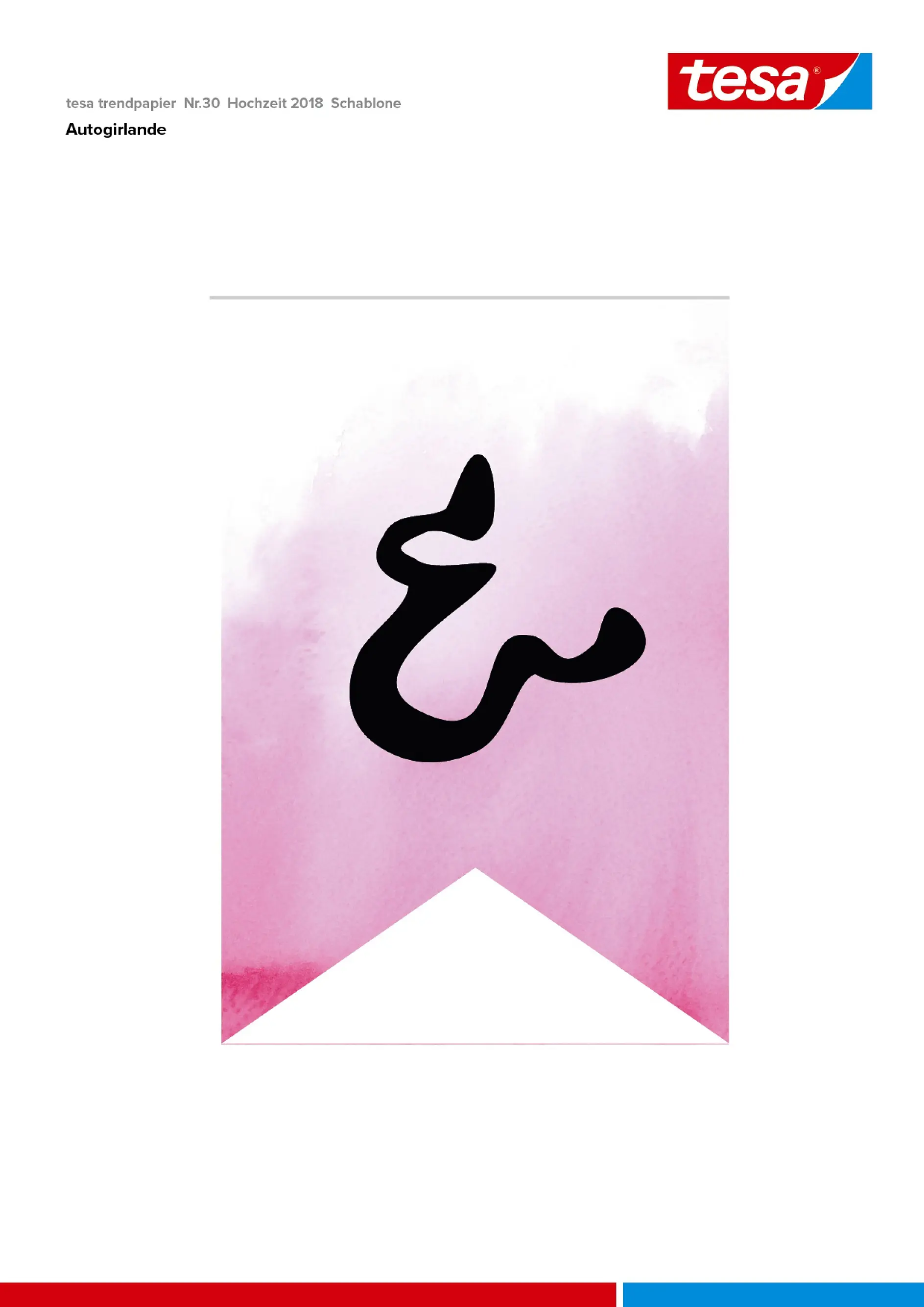 A pink banner with a scalloped edge features a large, stylized black Arabic numeral five in the center. The tesa logo and text tesa trendpapier Nr.30 Hochzeit 2018 Schablone Autogirlande are at the top. (This text has been generated by AI)