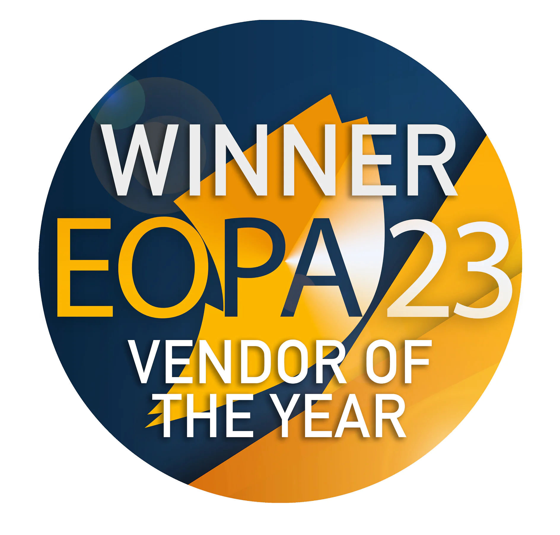 Circular badge with blue and orange background. Text reads: WINNER EOPA 23 VENDOR OF THE YEAR. (This text has been generated by AI)