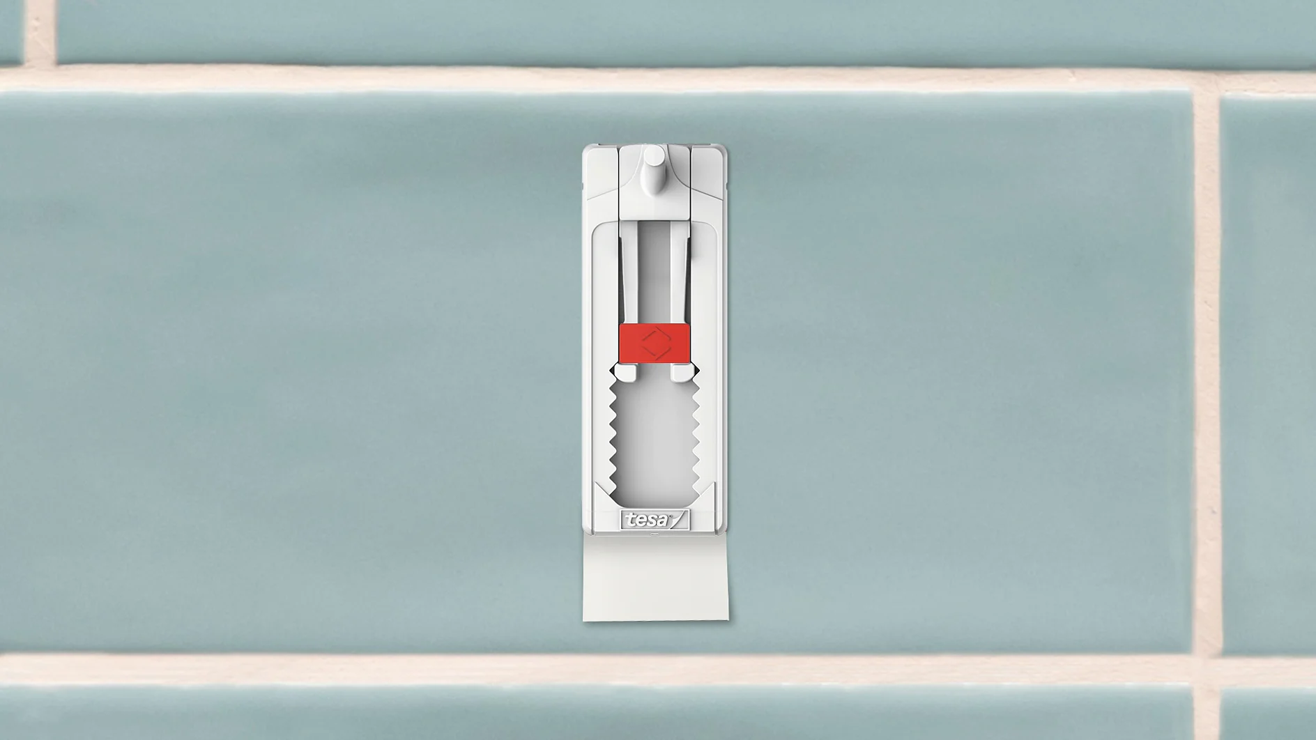 A white adhesive wall hook with a red button and serrated teeth is mounted on a light blue tiled wall using tesa tape. The hook appears ready for use, possibly for hanging objects. (This text has been generated by AI)