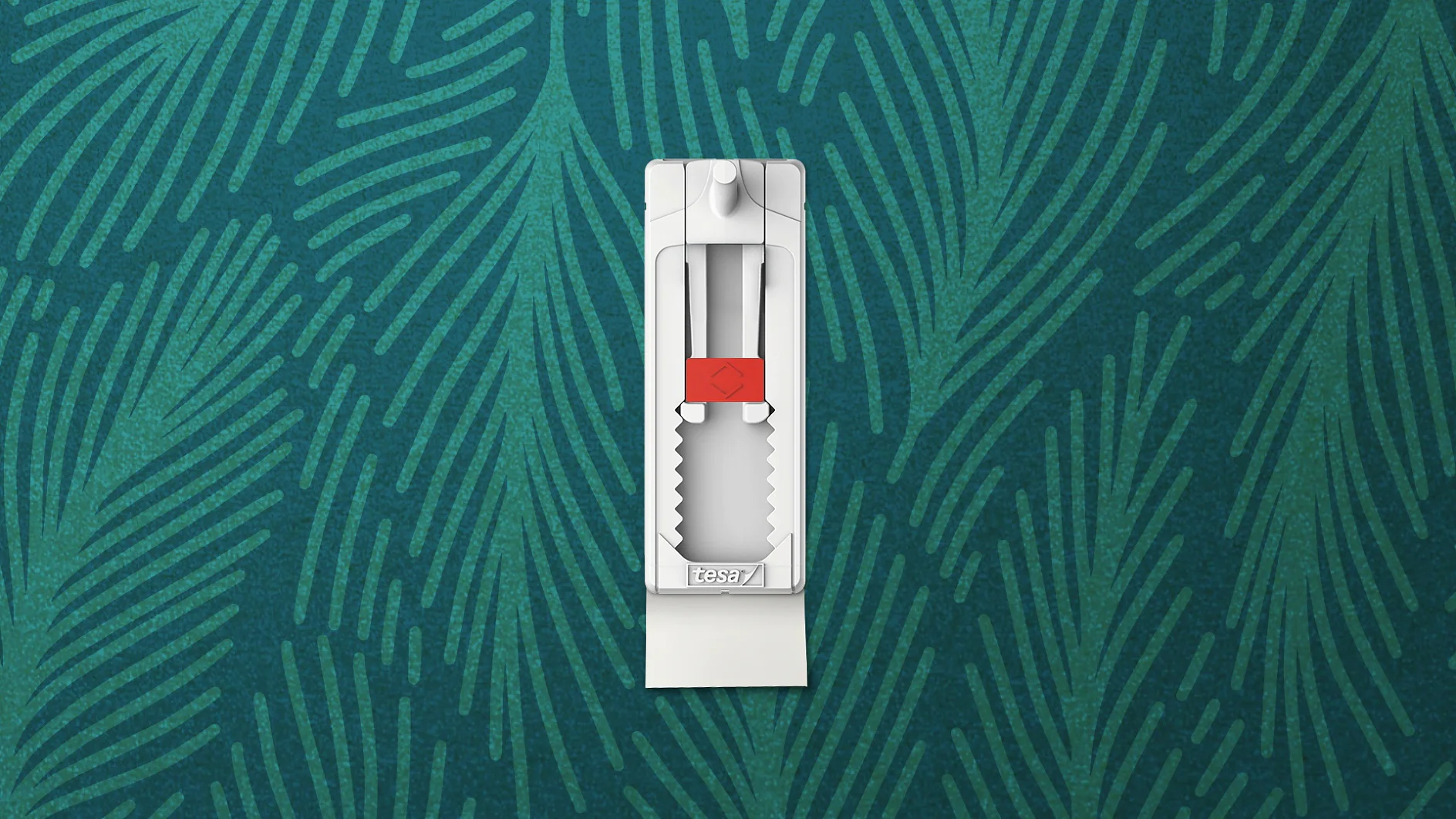 A white adhesive hook attached to a dark green textured wall with a fern pattern. The hook is vertically oriented, featuring a red release tab and a serrated grip section held securely with tesa tape. (This text has been generated by AI)