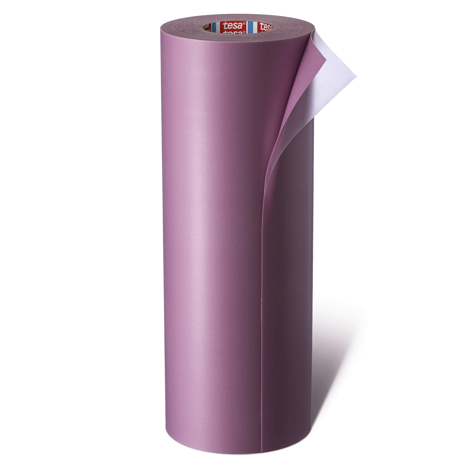 roll of purple tesa adhesive film with one corner slightly peeled, standing upright on a white background (This text has been generated by AI)
