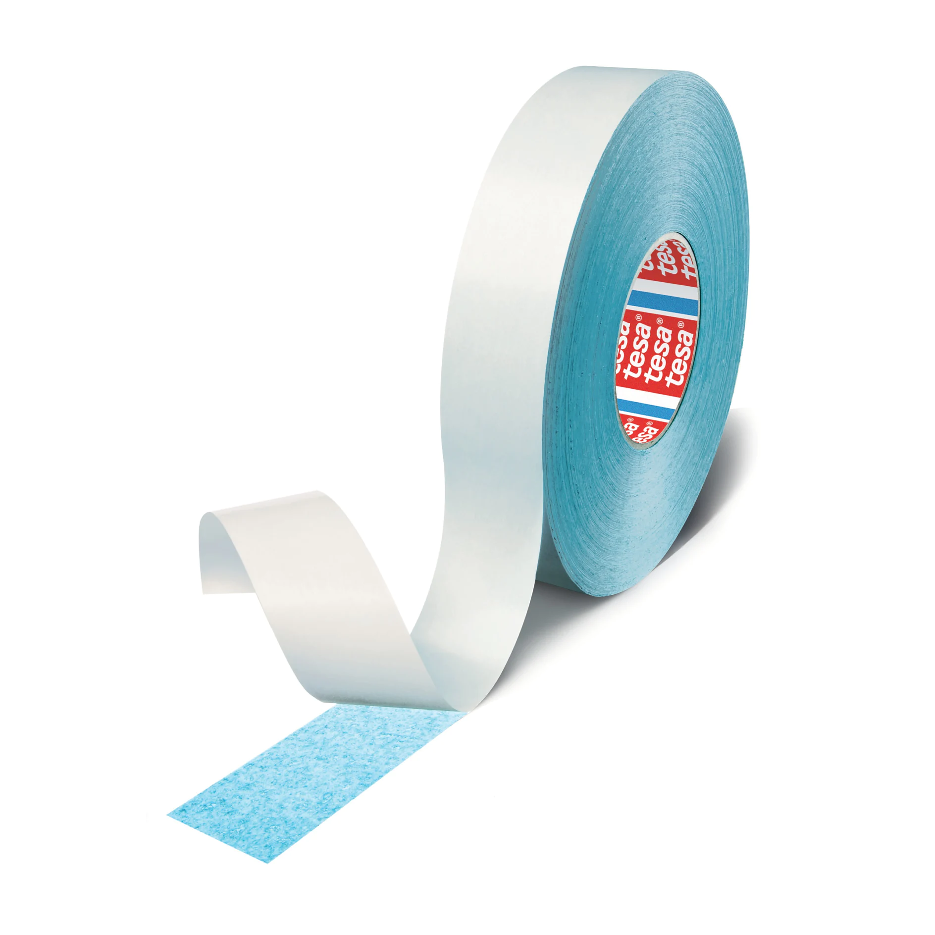 roll of tesa double-sided adhesive tape with blue backing, isolated on white background (This text has been generated by AI)