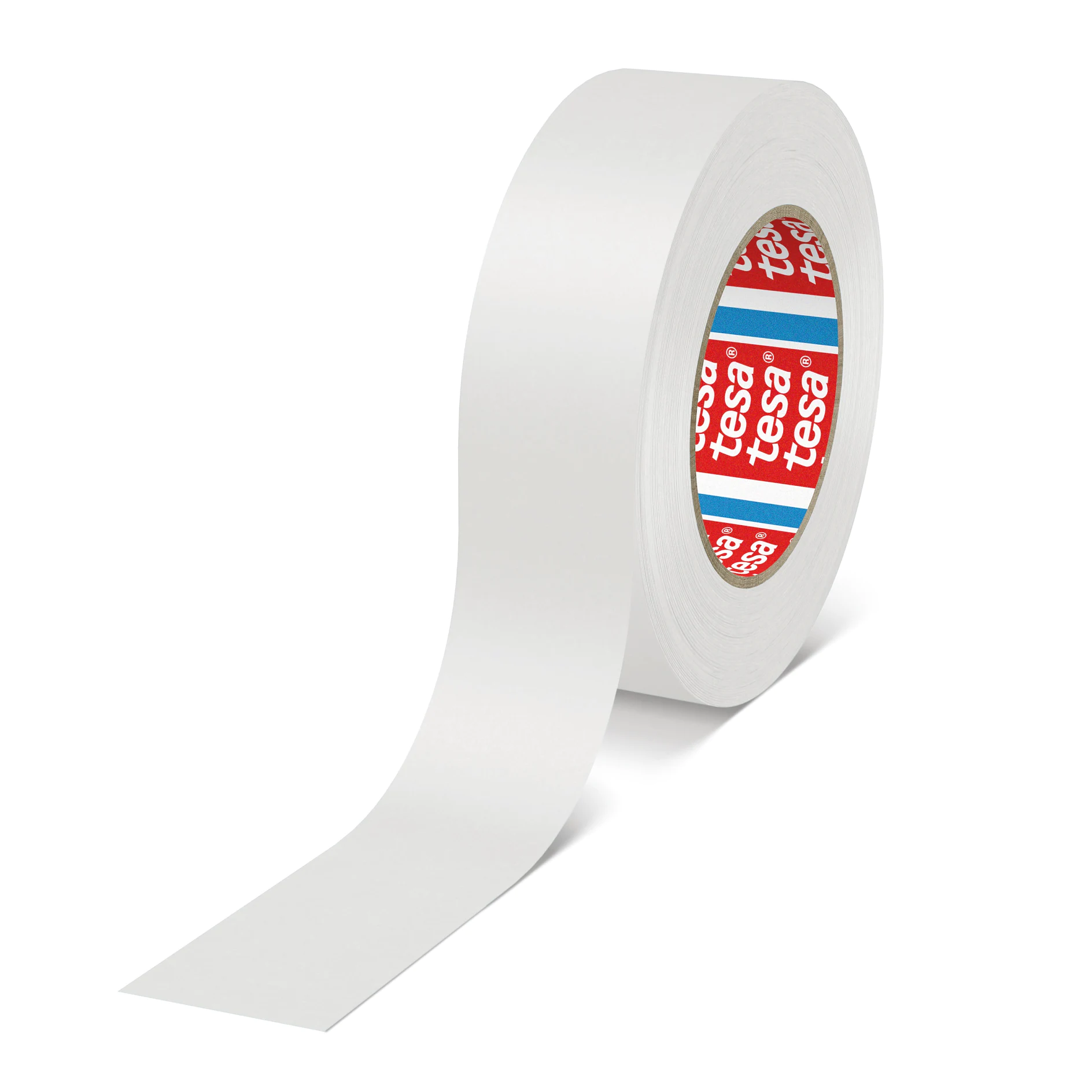 roll of white tesa adhesive tape with a partially unrolled strip on a white background (This text has been generated by AI)