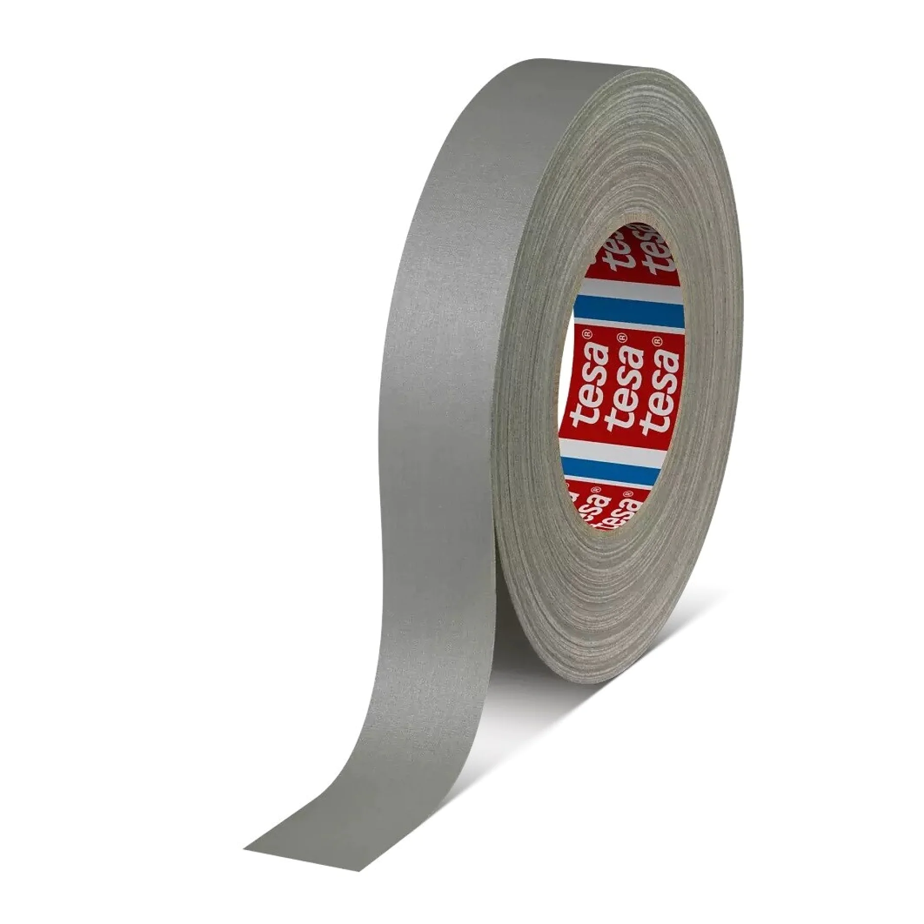 roll of grey tesa adhesive tape standing upright on white background with a strip partially unrolled (This text has been generated by AI)
