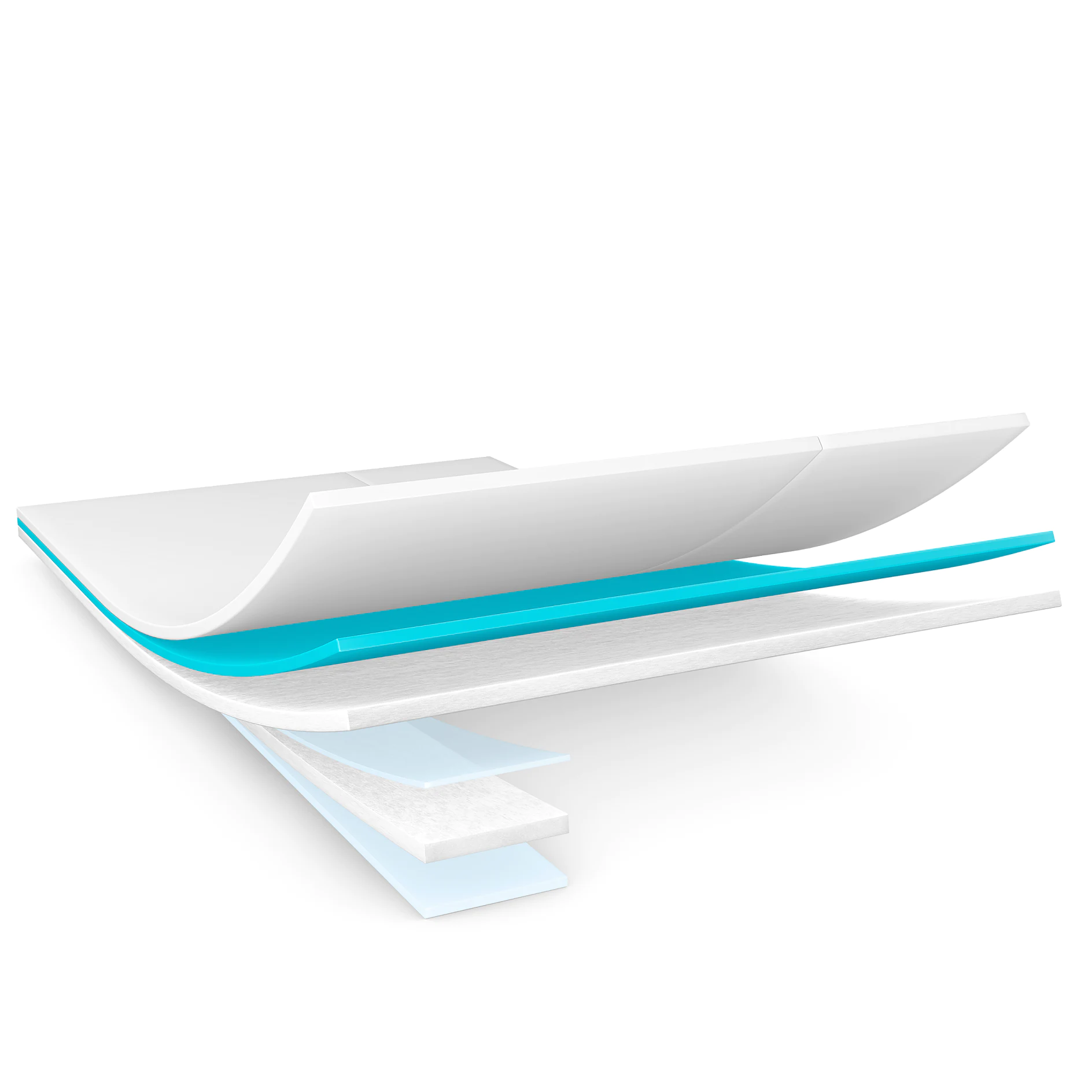tesa adhesive strip layers showing white top layer, blue adhesive middle, and white backing in a clean, isolated studio setting (This text has been generated by AI)