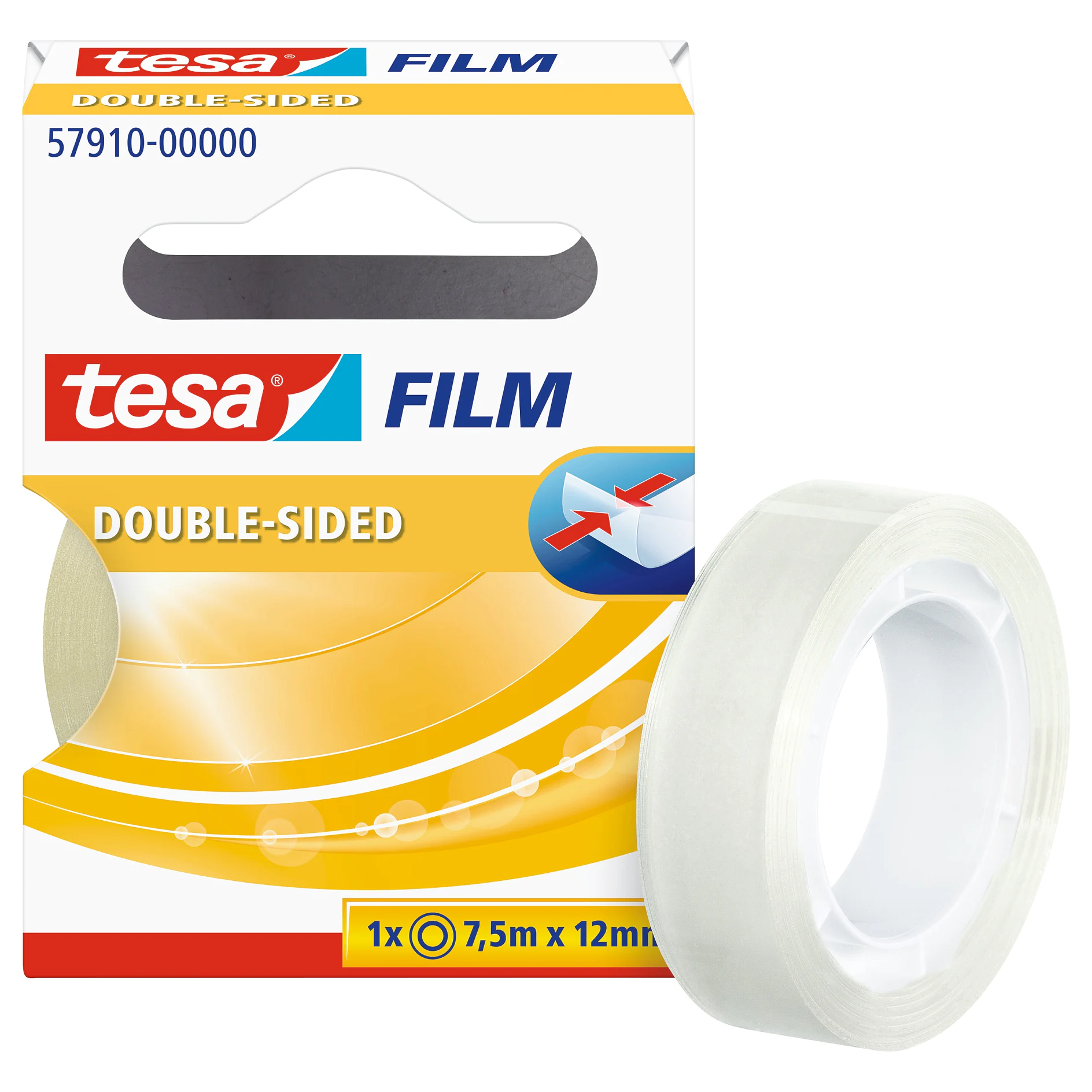 tesa double-sided transparent film tape roll with packaging, 7.5m x 12mm, displayed on white background (This text has been generated by AI)