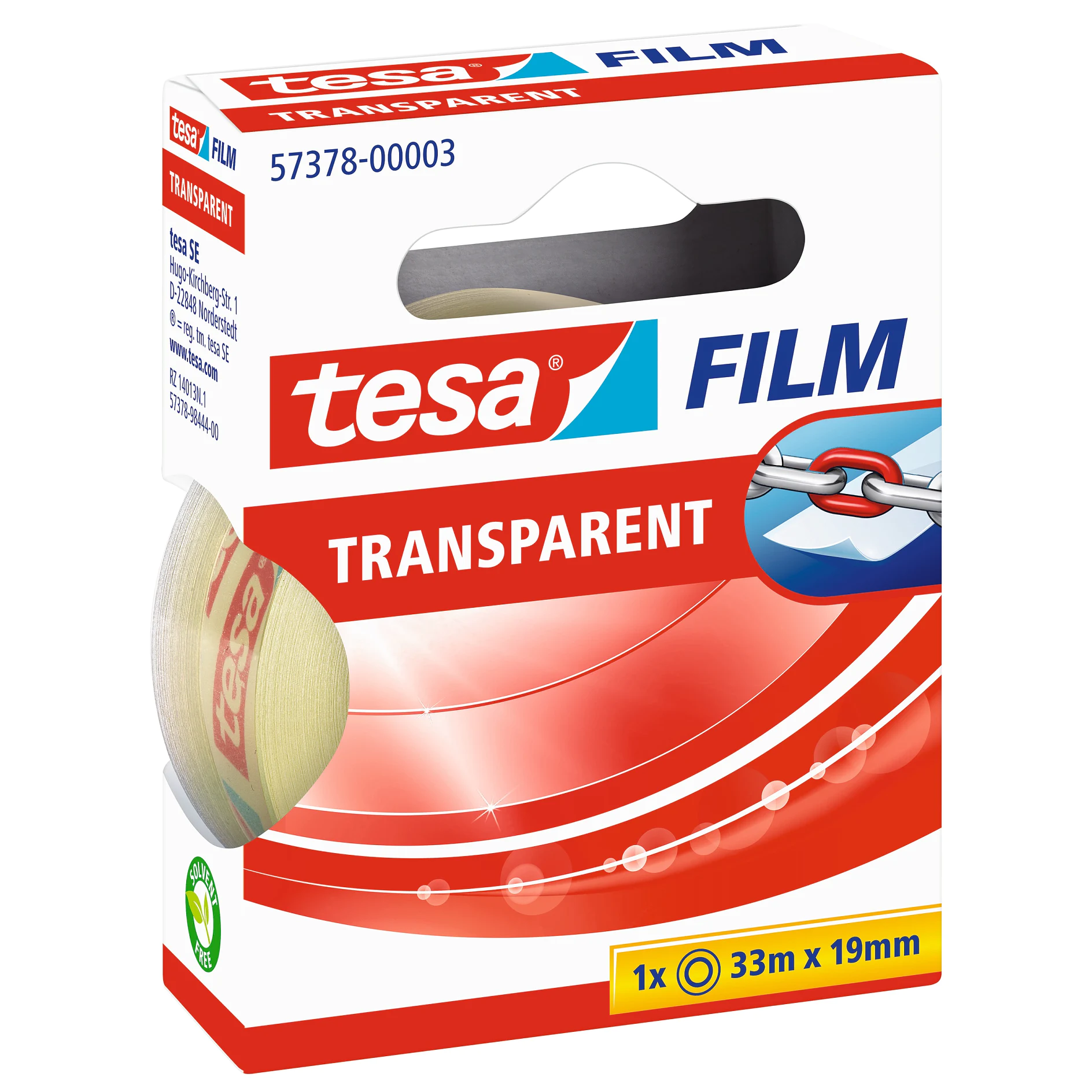 tesa transparent film tape in red and white packaging, 33m length and 19mm width, with tape roll partially visible inside box (This text has been generated by AI)