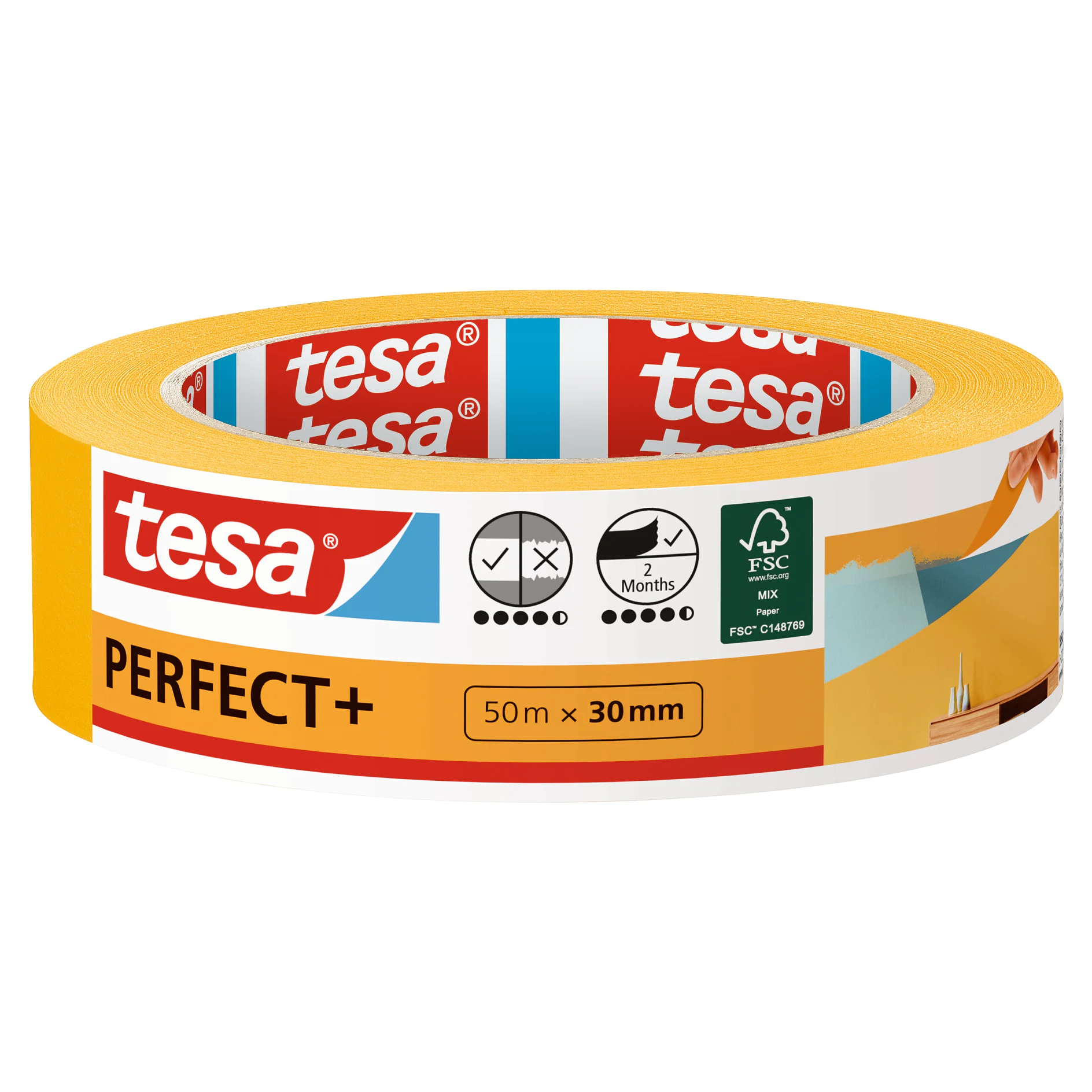 tesa perfect+ adhesive tape roll, 50m x 30mm, with eco-friendly certification, displayed on a white background (This text has been generated by AI)