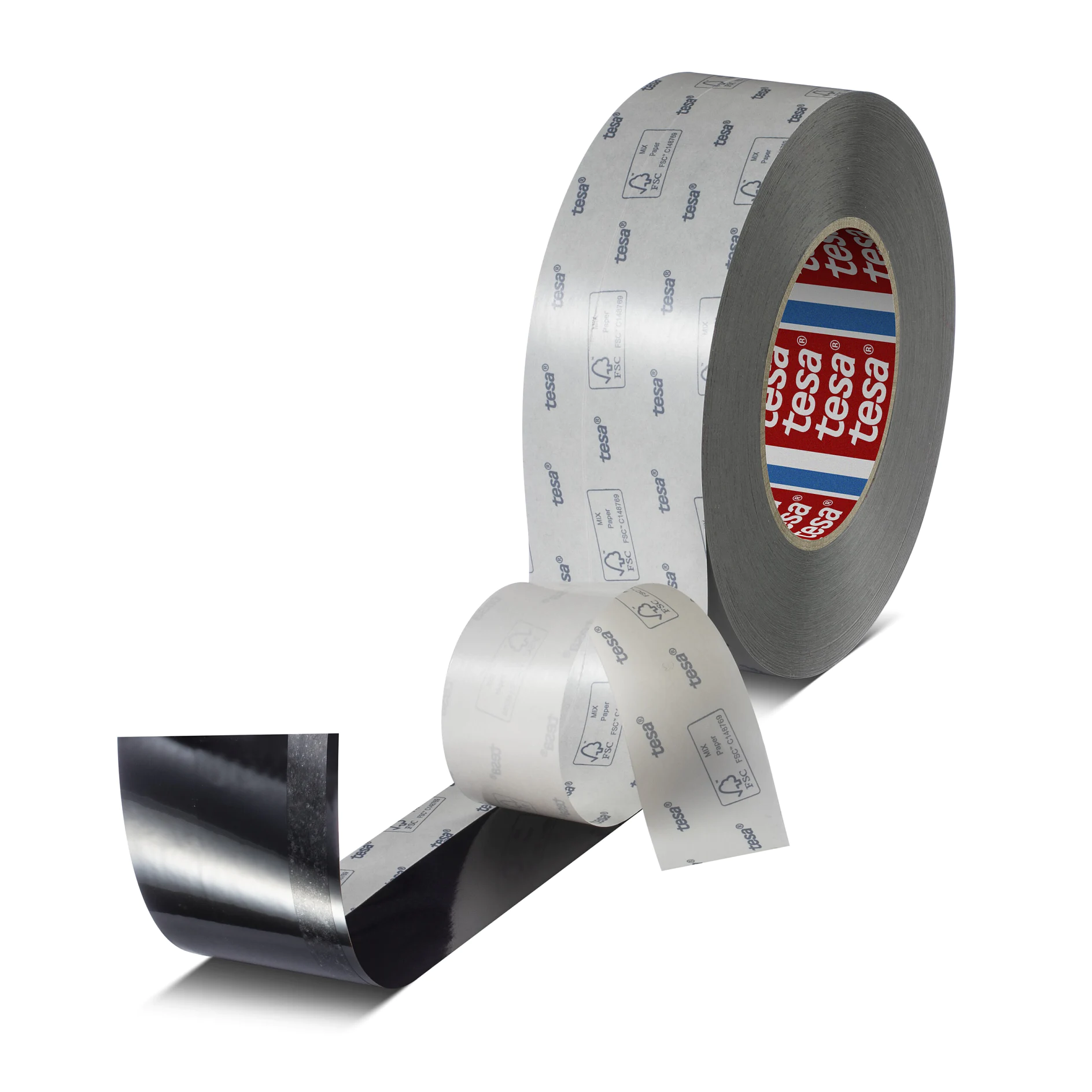roll of tesa branded double-sided adhesive tape with protective backing partially peeled, isolated on white background (This text has been generated by AI)