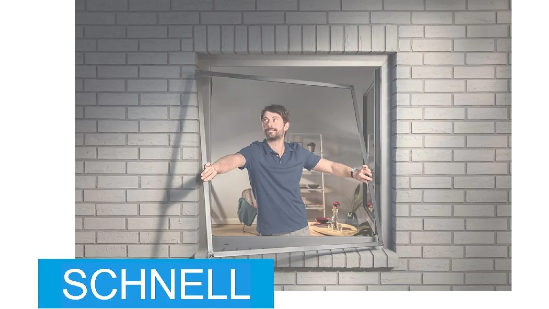 A person wearing a blue shirt is fixing or adjusting the screen of a window in a brick wall using tesa tape. A vase with flowers is visible inside the room. The word SCHNELL is written in large blue letters in the bottom left corner. (This text has been generated by AI)
