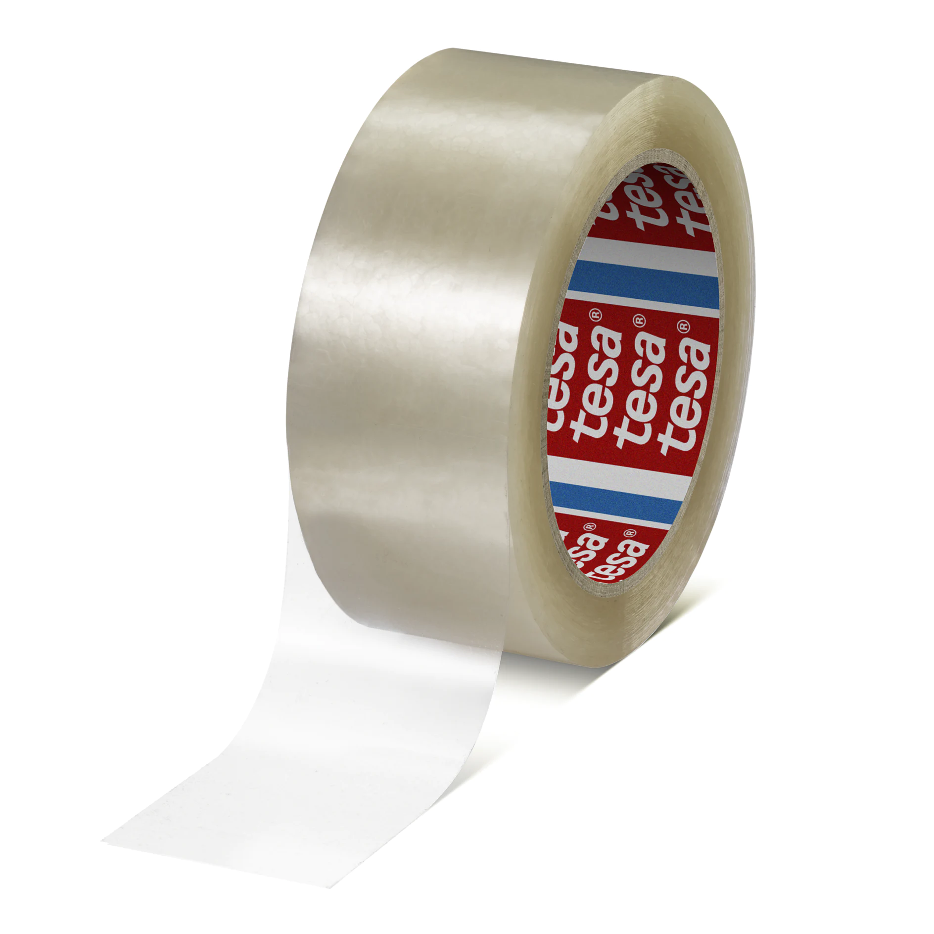 clear adhesive tape roll with tesa branding on inner core, isolated on white background (This text has been generated by AI)