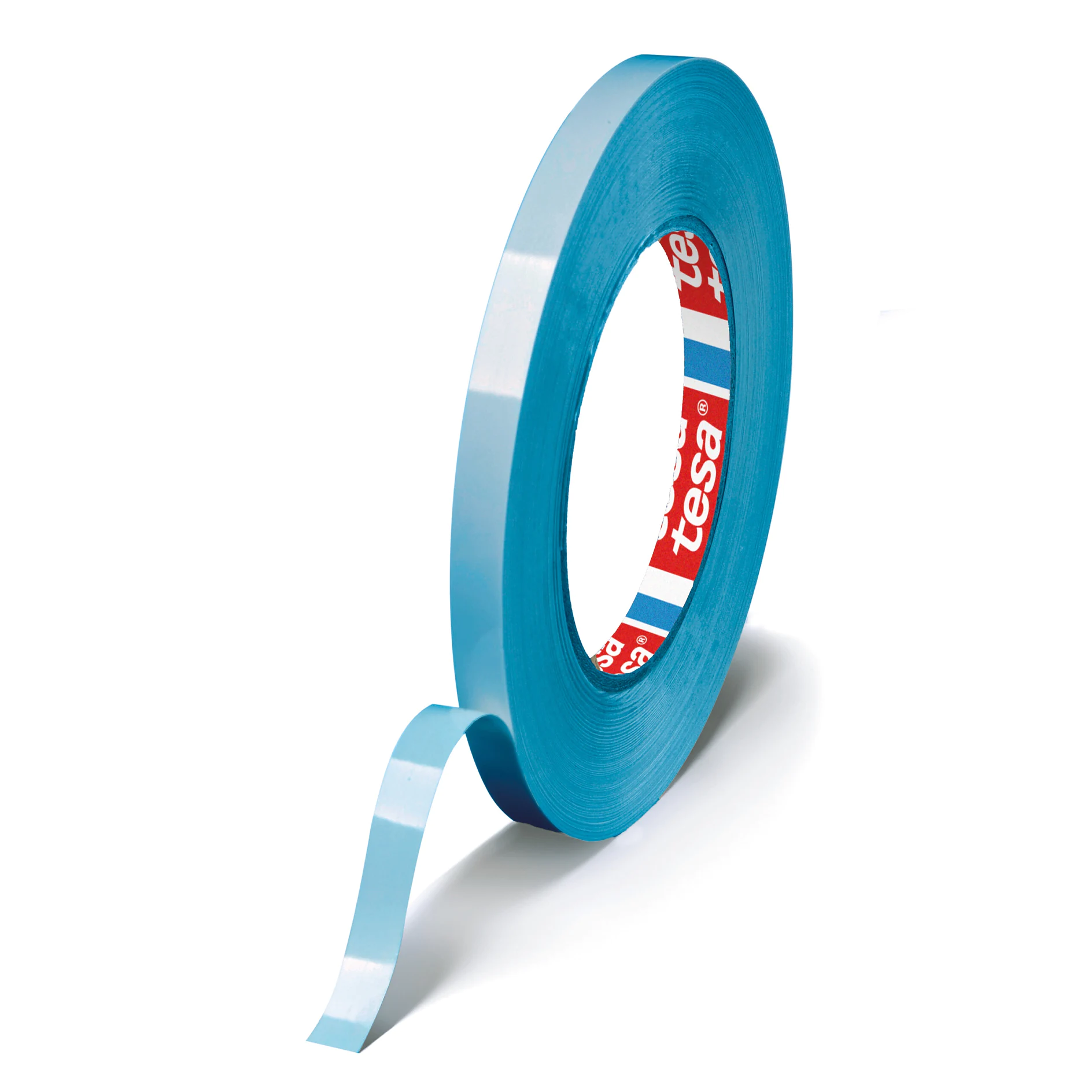 blue tesa adhesive tape roll with a partially unrolled strip on a white background (This text has been generated by AI)