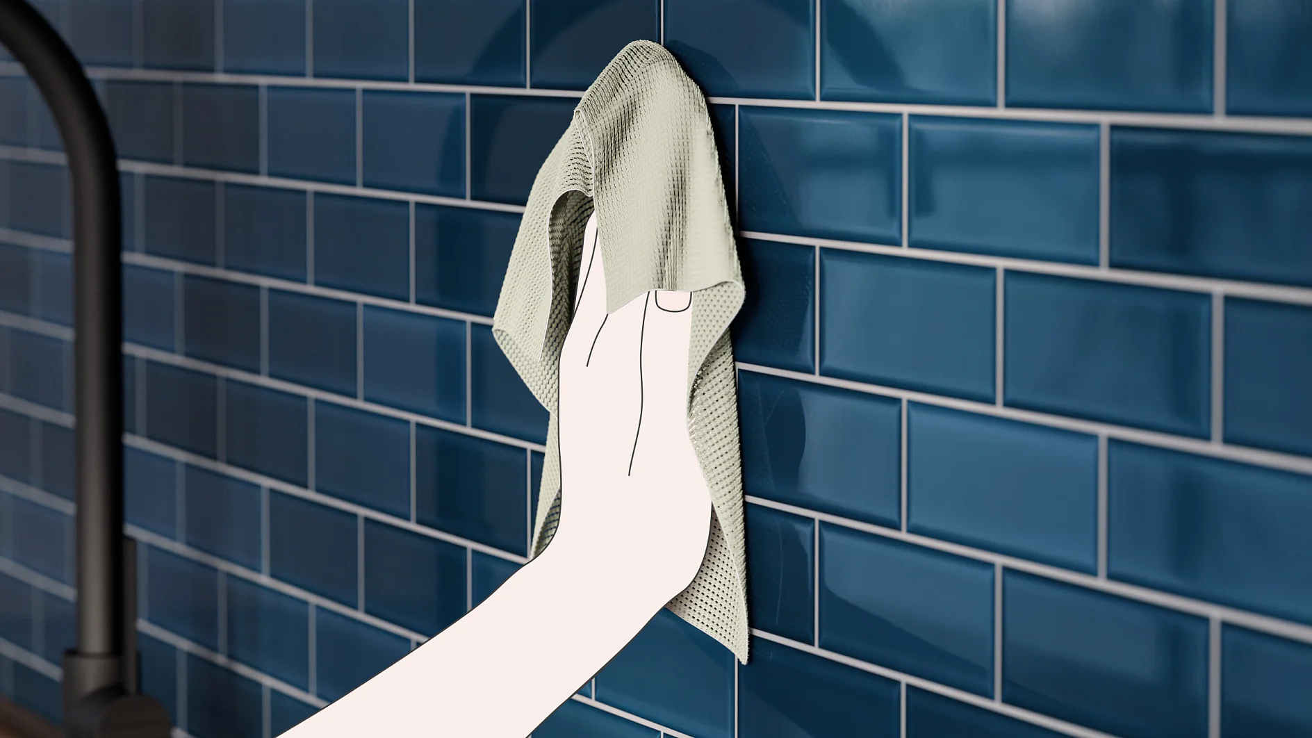 A hand is wiping a blue tiled wall with a light-colored cloth held in place by tesa tape. The tiles are rectangular with a glossy finish, and the setup is lit by soft indoor lighting. The focus is on cleaning or maintenance of the tiles. (This text has been generated by AI)