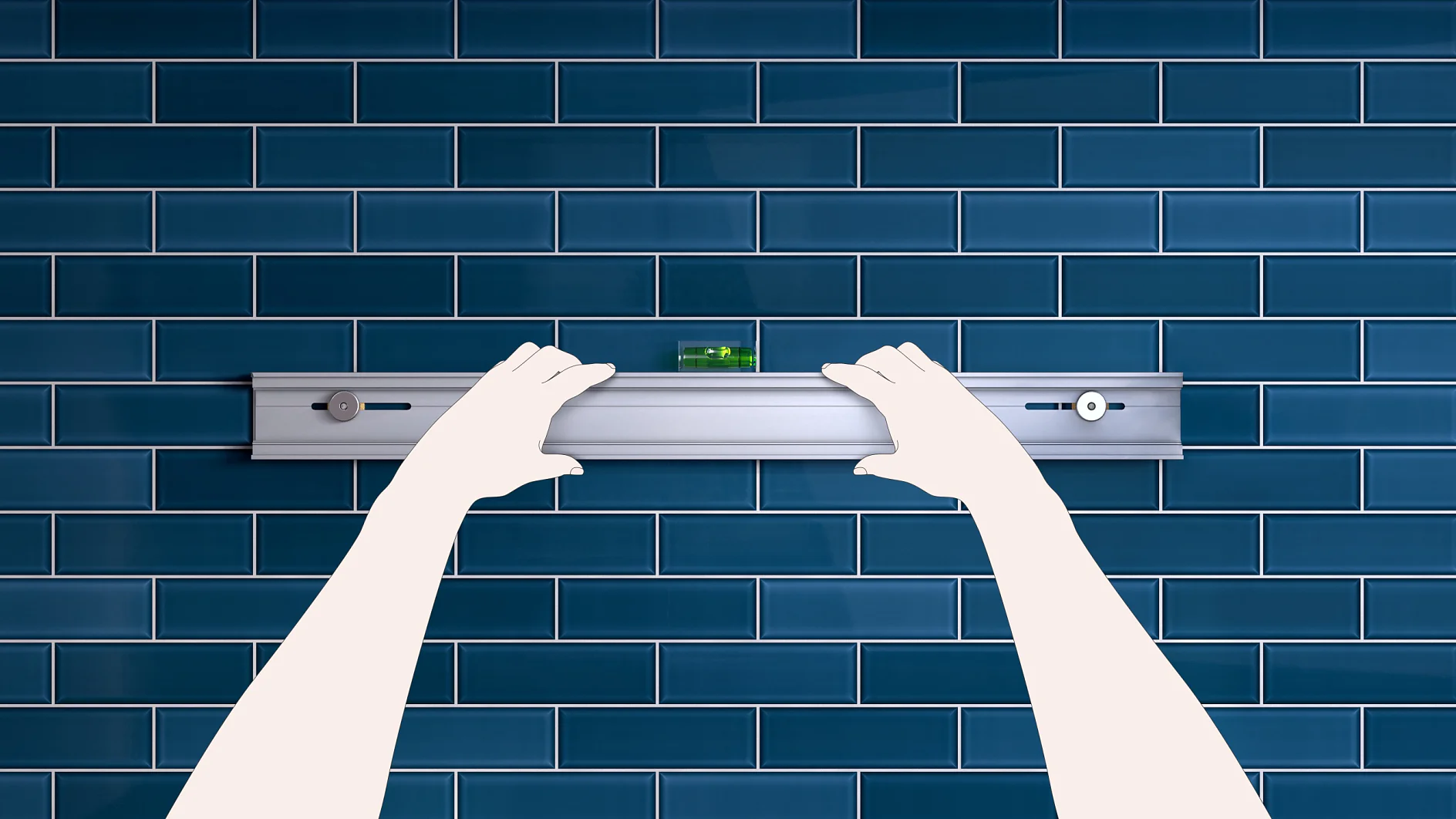 Two illustrated hands hold a silver spirit level against a wall with dark blue subway tiles. The bubble in the level is centered, indicating the surface is even. (This text has been generated by AI)