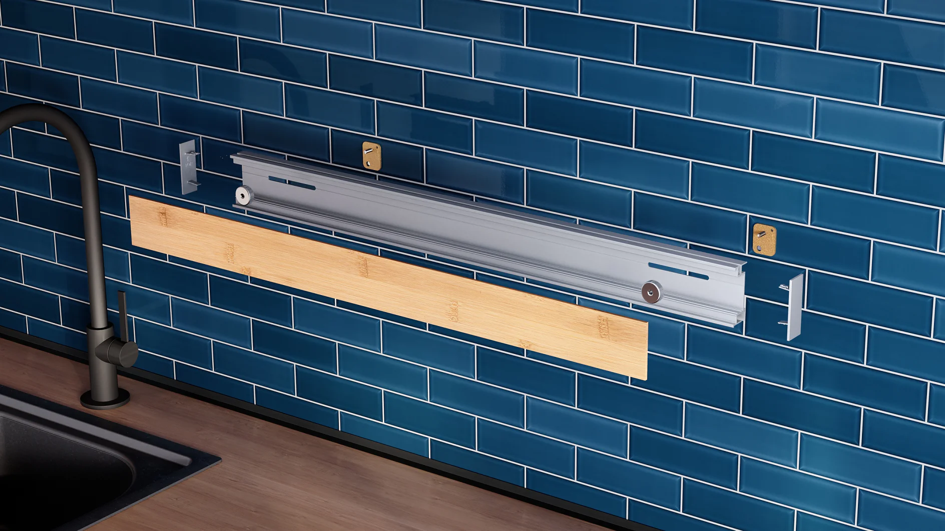 A kitchen backsplash with blue subway tiles features a metal mounting rail system and a wooden panel attached using tesa tape. There is a black faucet and a sink to the left, with a brown countertop below. (This text has been generated by AI)