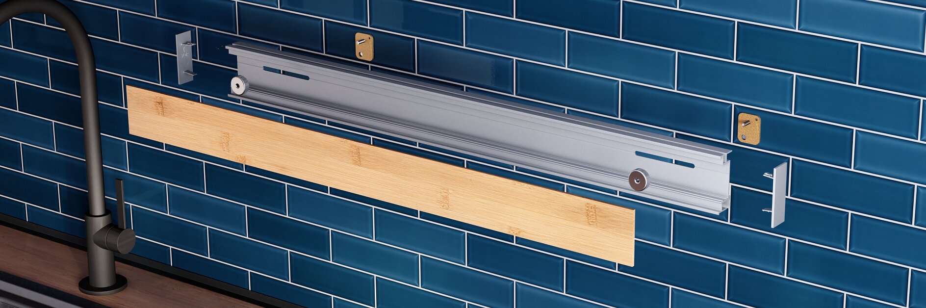 A kitchen backsplash with blue subway tiles features a metal mounting rail system and a wooden panel attached using tesa tape. There is a black faucet and a sink to the left, with a brown countertop below. (This text has been generated by AI)