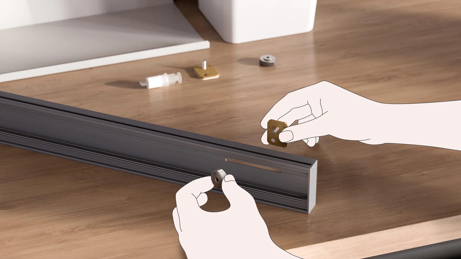 Two hands assemble components on a gray metal rail on a wooden surface. Several small parts, including screws and rectangular pieces, are scattered nearby. A roll of tesa tape is used in the process. A white container is partially visible at the back of the workspace. (This text has been generated by AI)