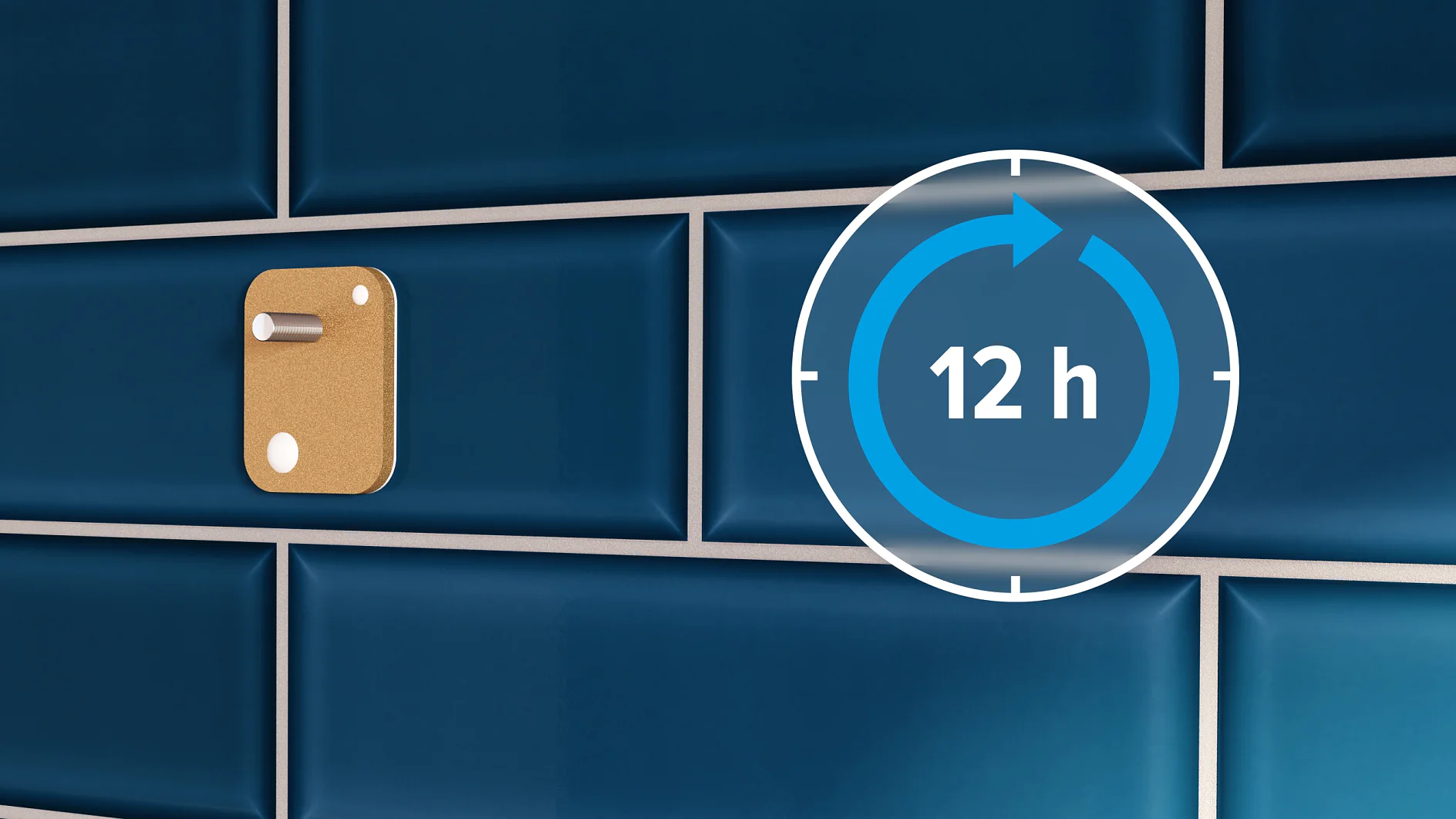 A small beige wall hook is attached to glossy dark blue subway tiles with tesa tape. Next to it, a circular icon with a blue arrow indicates a 12-hour duration, suggesting time-related information or instructions for the hook. (This text has been generated by AI)