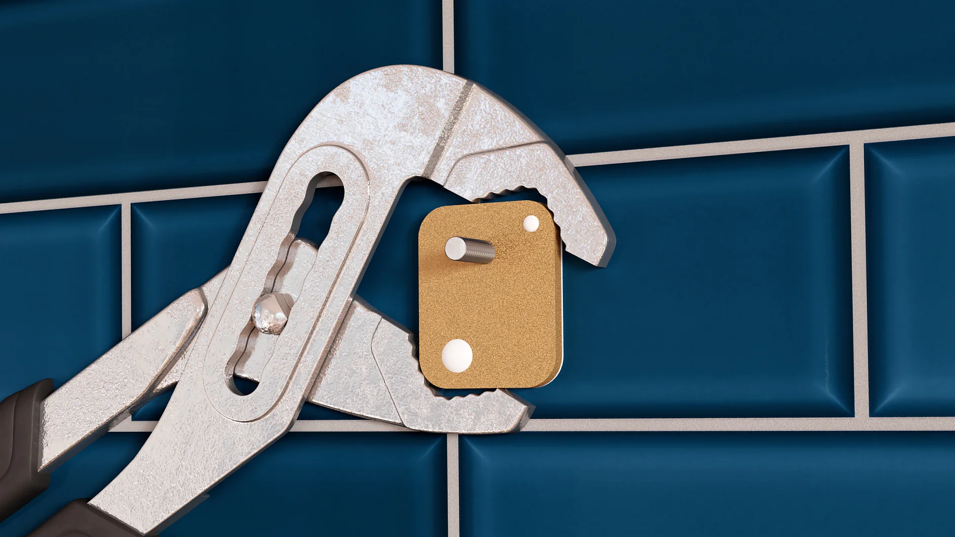 A metal wrench tightly grips a small, square, gold-colored object with a protruding peg in front of a background of dark blue tesa tape arranged in a grid pattern. (This text has been generated by AI)