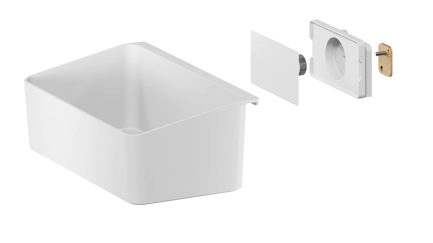A white, rectangular container with an open top is shown. Next to it are two separate components: a rectangular panel with a circular cutout and a small cylindrical piece secured using tesa tape. (This text has been generated by AI)