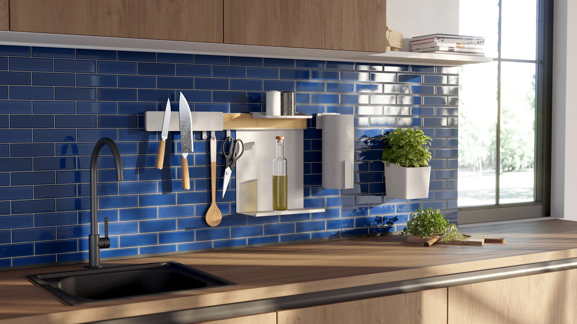 Modern kitchen with blue tile backsplash, wooden countertop, and black sink. Wall-mounted rack holds knives, scissors, a spoon, olive oil, paper towel roll secured with tesa tape, and a small potted plant. Sunlight streams through a window on the right. Books are on the shelf. (This text has been generated by AI)