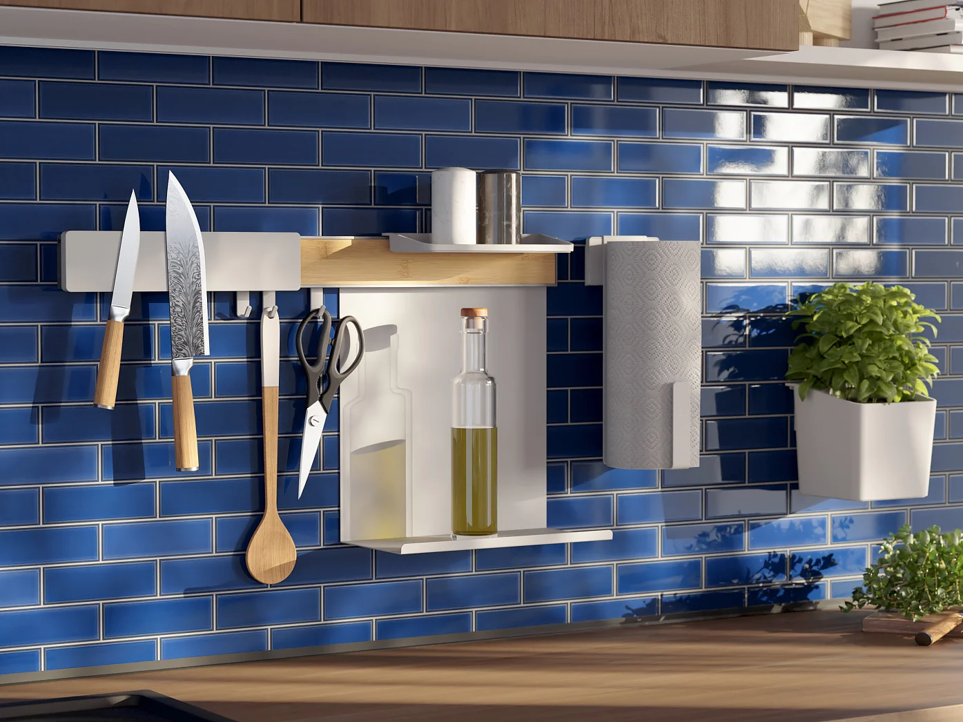 Modern kitchen with blue tile backsplash, wooden countertop, and black sink. Wall-mounted rack holds knives, scissors, a spoon, olive oil, paper towel roll secured with tesa tape, and a small potted plant. Sunlight streams through a window on the right. Books are on the shelf. (This text has been generated by AI)