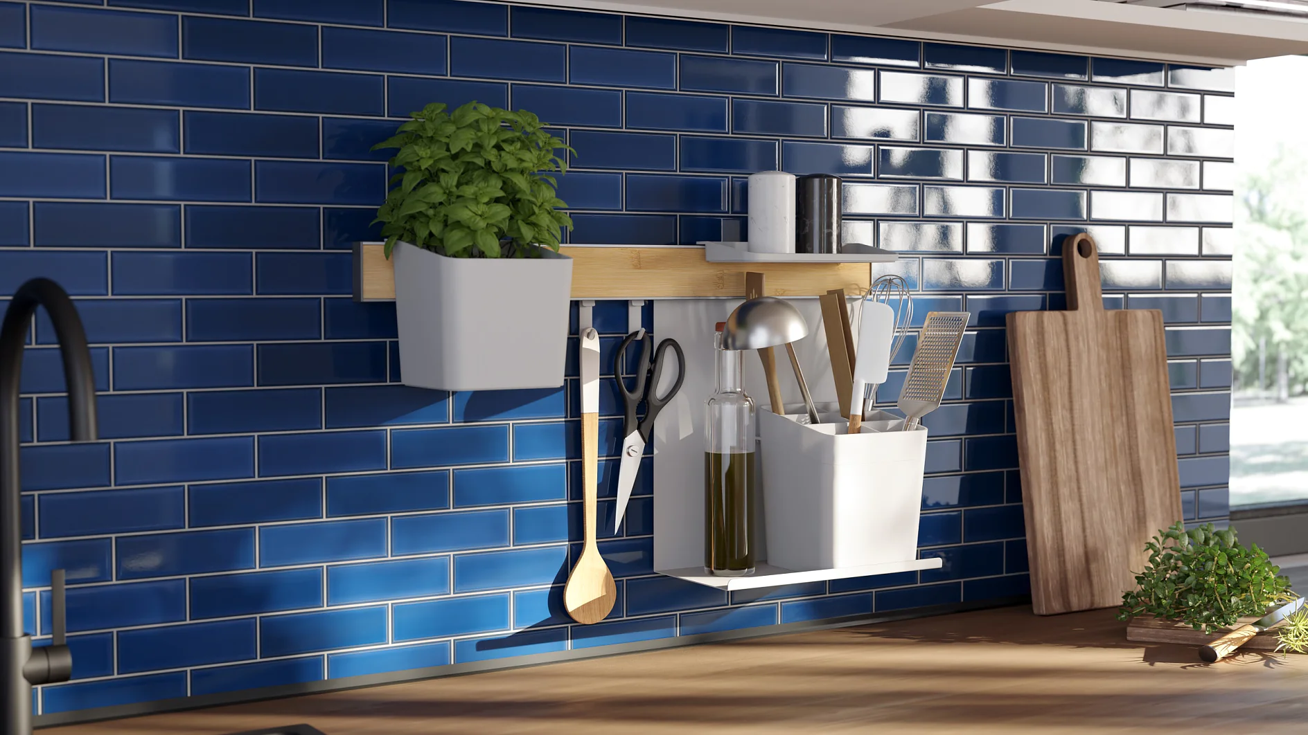 A kitchen counter with a blue tiled backsplash. A wooden shelf holds a potted plant, utensils, scissors, tesa tape, a small lamp, and bottles of oil. A wooden cutting board leans against the wall. Sunlight streams through a window on the right. (This text has been generated by AI)