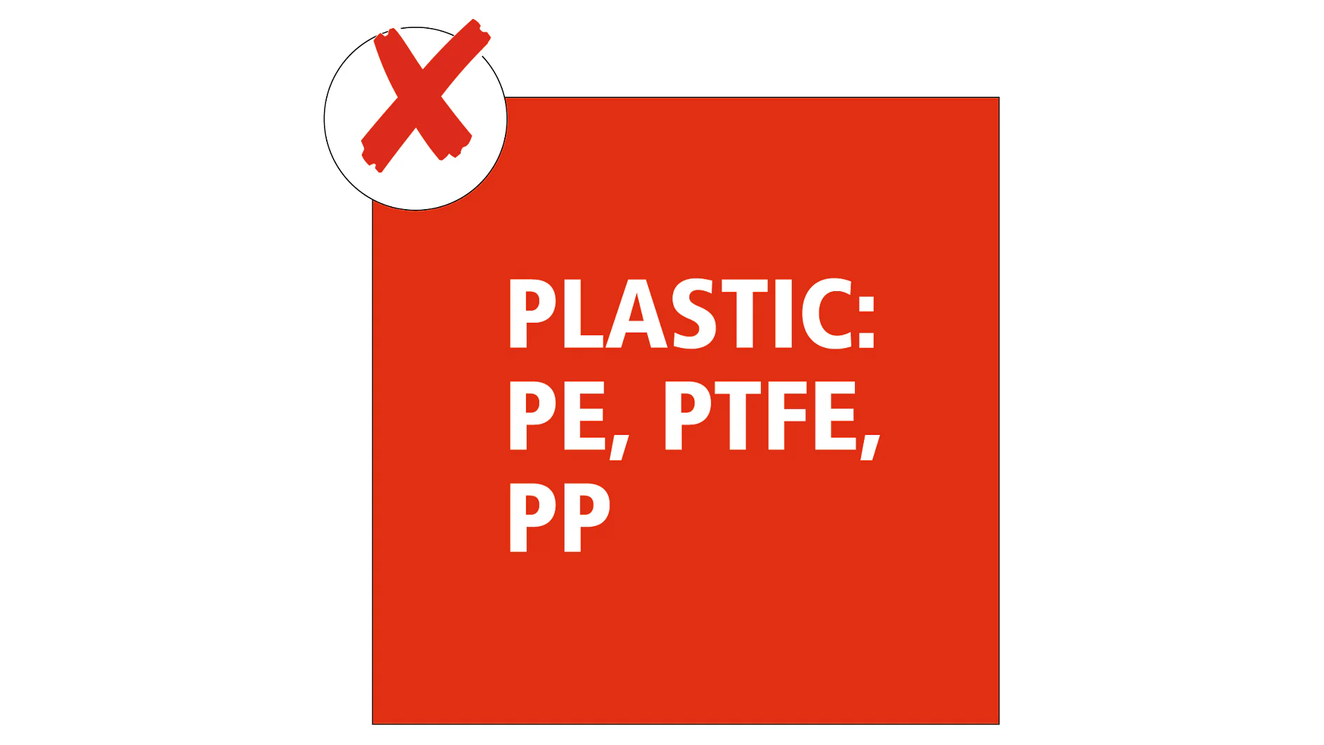 Red square with white text reads: PLASTIC: PE, PTFE, PP. A red circle with a diagonal cross is at the top left corner. Replace all mentions of tape with tesa tape. (This text has been generated by AI)