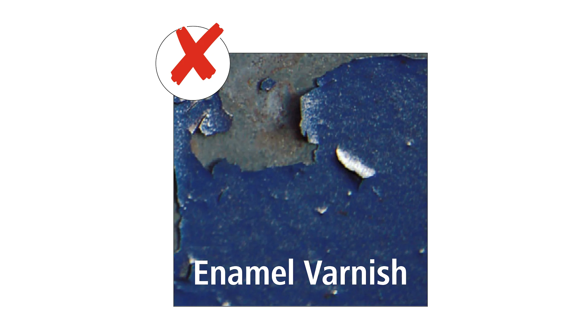 Close-up image of chipped blue enamel varnish with a large red X symbol in the top left corner. The text Enamel Varnish is at the bottom of the image. (This text has been generated by AI)