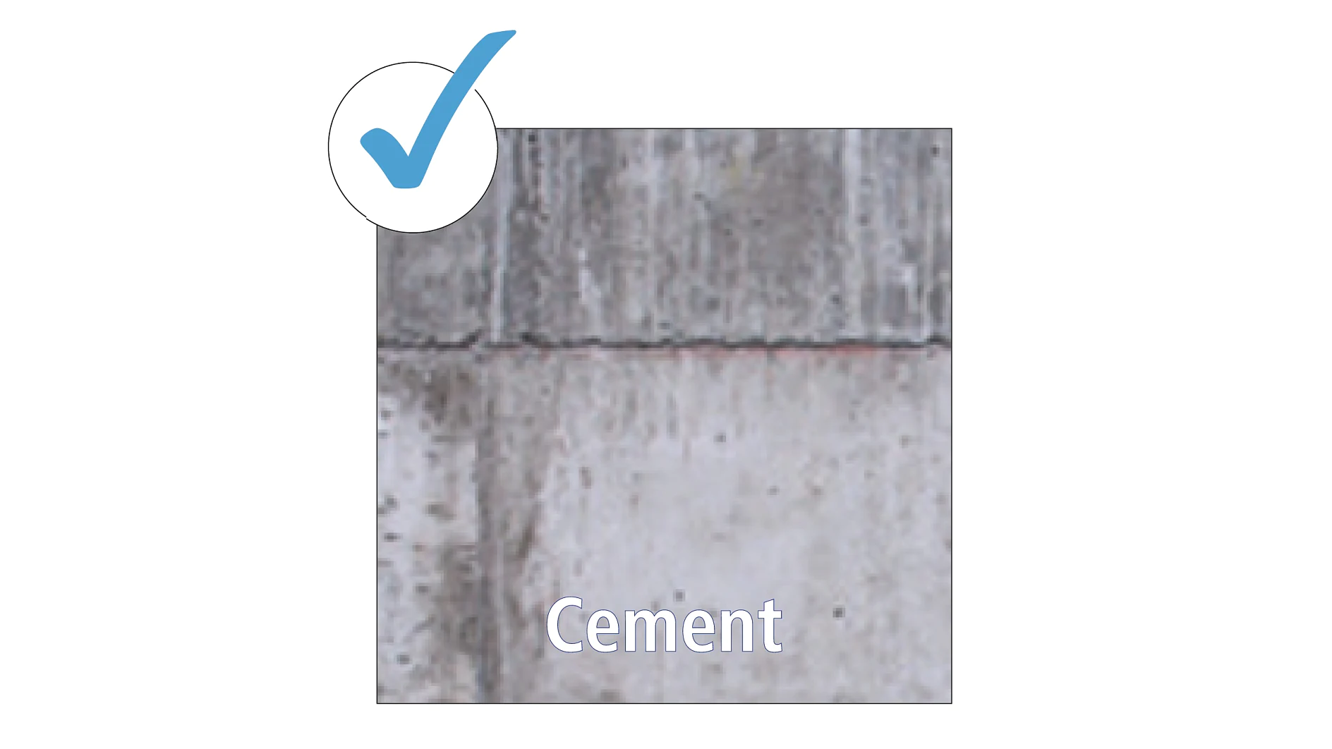A close-up of a gray cement wall with a visible horizontal crack. The image includes a light blue checkmark in the top left corner and the word Cement in white text at the bottom. (This text has been generated by AI)