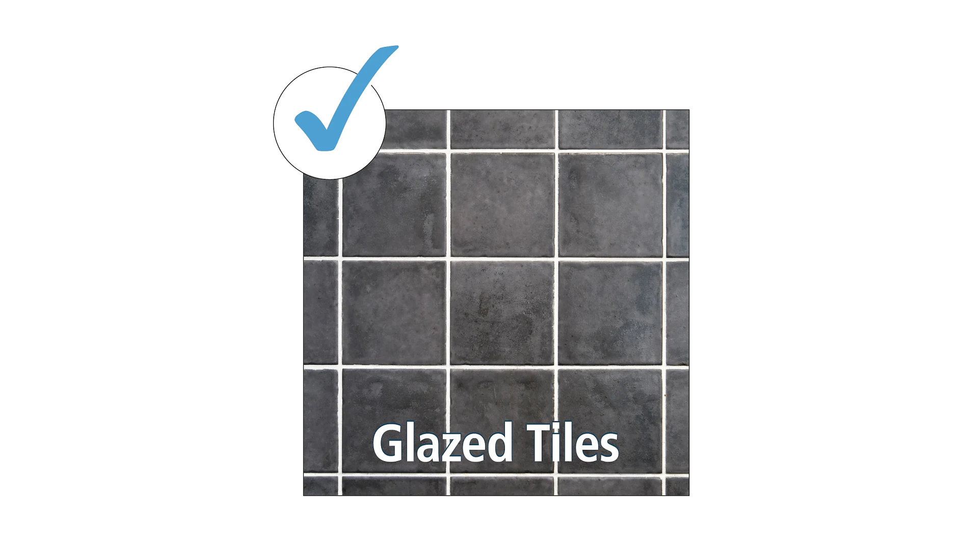 A grid of dark gray glazed tiles with visible tesa tape grout lines. A blue checkmark in a circle is at the top left. The text Glazed Tiles is at the bottom center. (This text has been generated by AI)