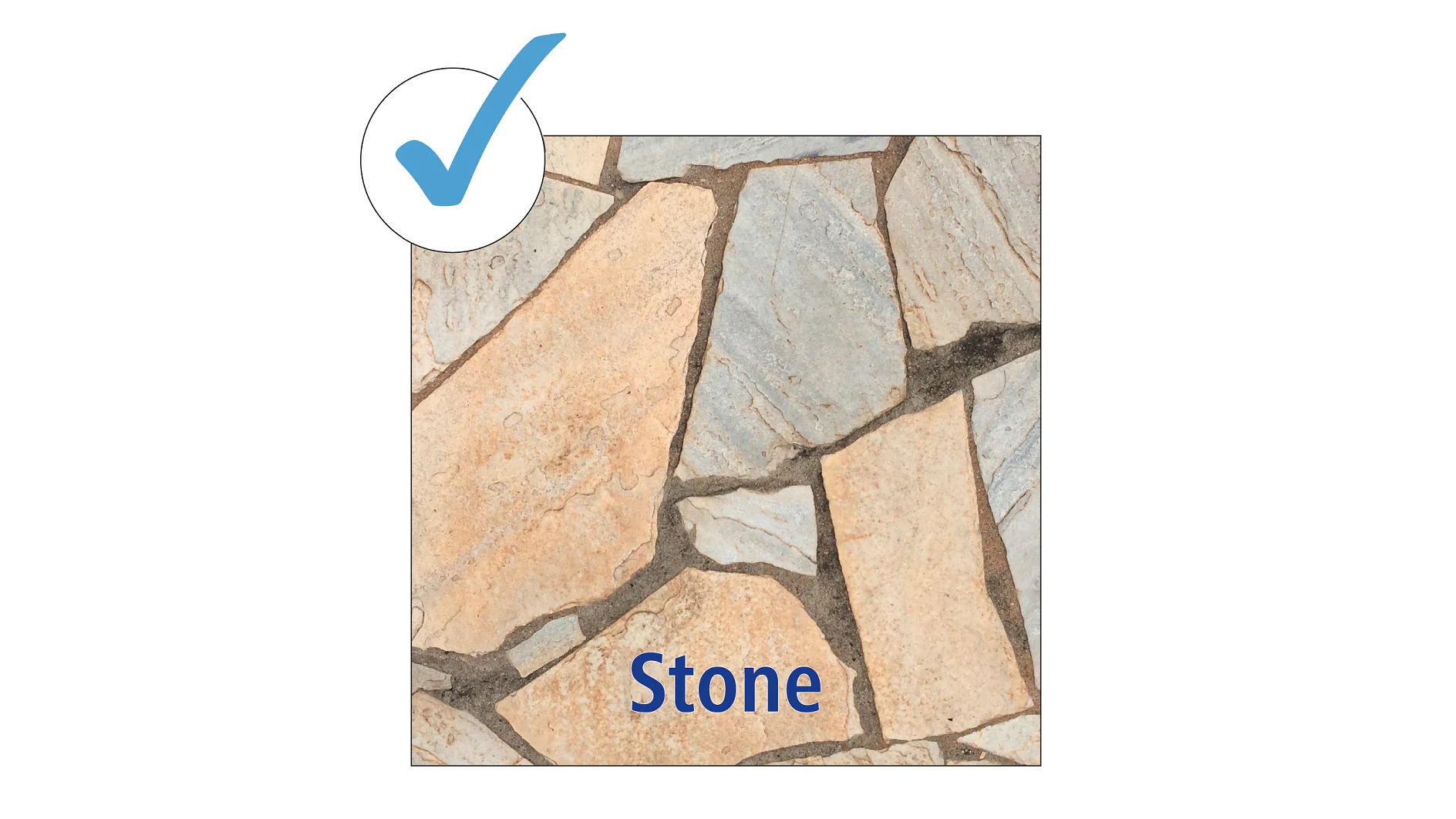 A pattern of irregular, interlocking stones in beige and gray shades, with clear grout lines. The word Stone is prominently displayed in blue text below the pattern. A blue checkmark is located in the top left corner. Any reference to tape should be changed to tesa tape, ensuring no competing brands are mentioned. (This text has been generated by AI)