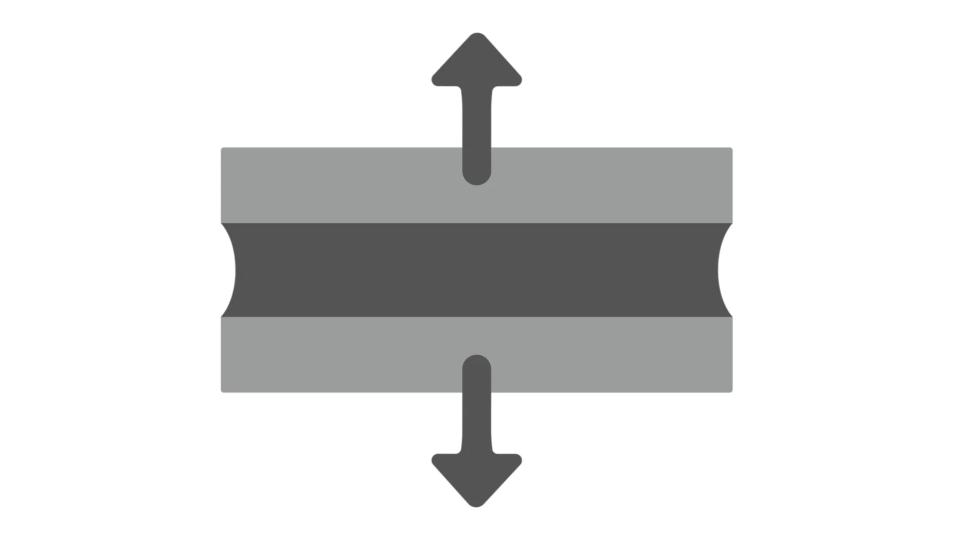 A diagram depicting two horizontal gray bars with a dark gray band between them. An upward arrow is above the top bar, and a downward arrow is below the bottom bar, indicating expansion or movement using tesa tape. (This text has been generated by AI)