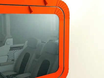 tesa branded orange-framed window showing a foggy interior with several empty airplane seats inside a cabin (This text has been generated by AI)