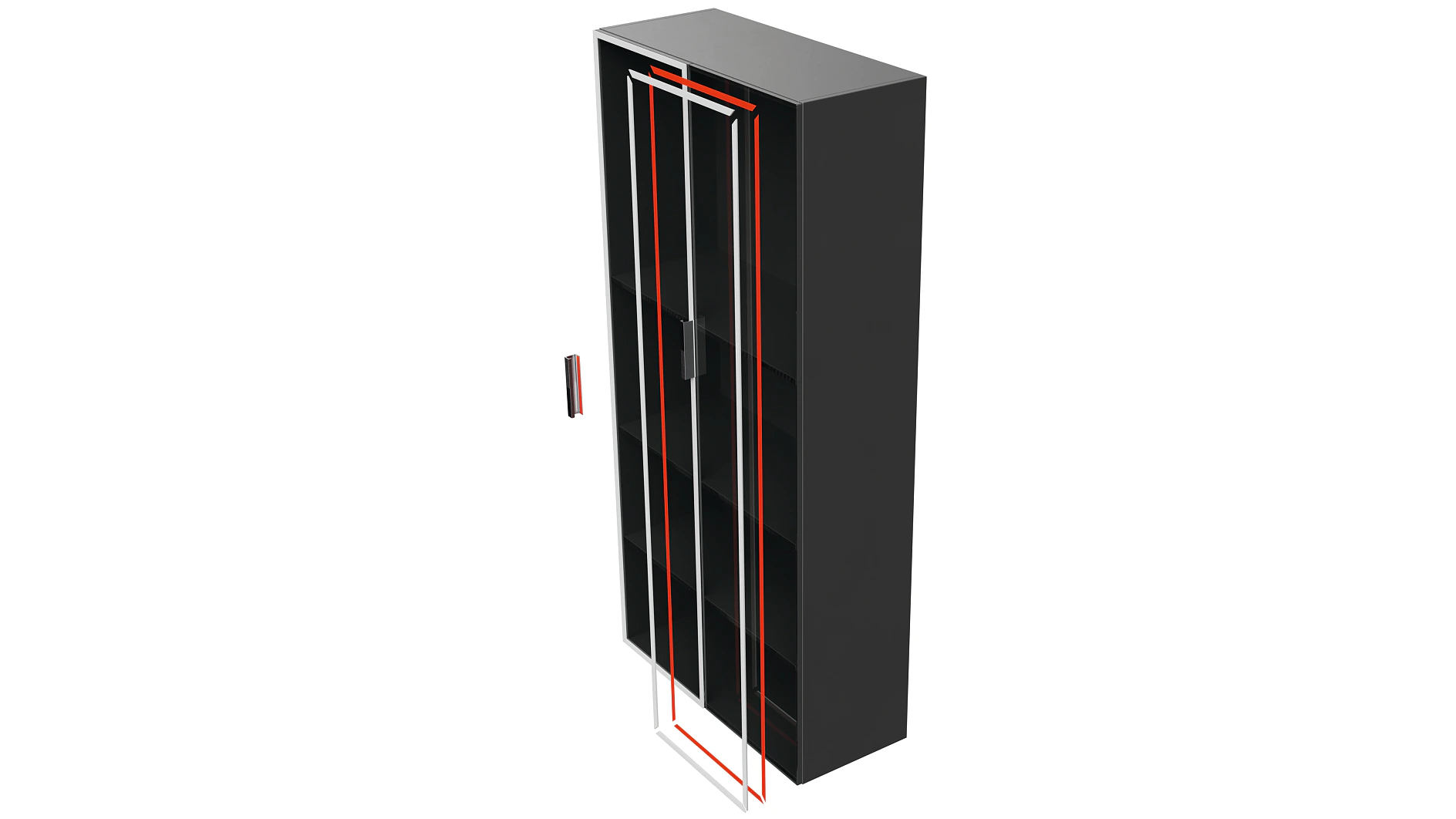black tall cabinet with transparent glass door and red outline, shown in a 3D rendering on a white background (This text has been generated by AI)