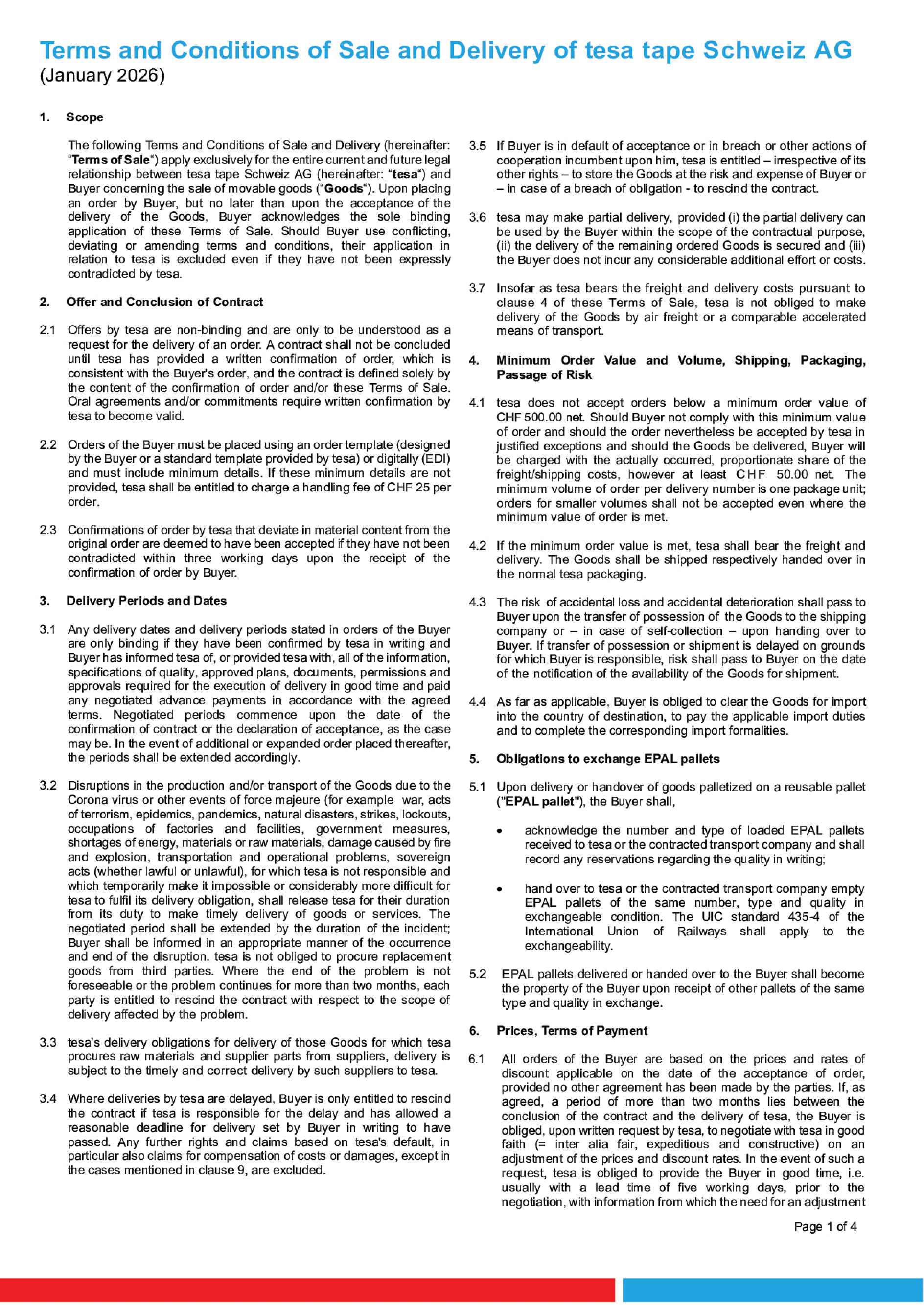 Terms and Conditions of Sale and Delivery of tesa tape Schweiz AG
