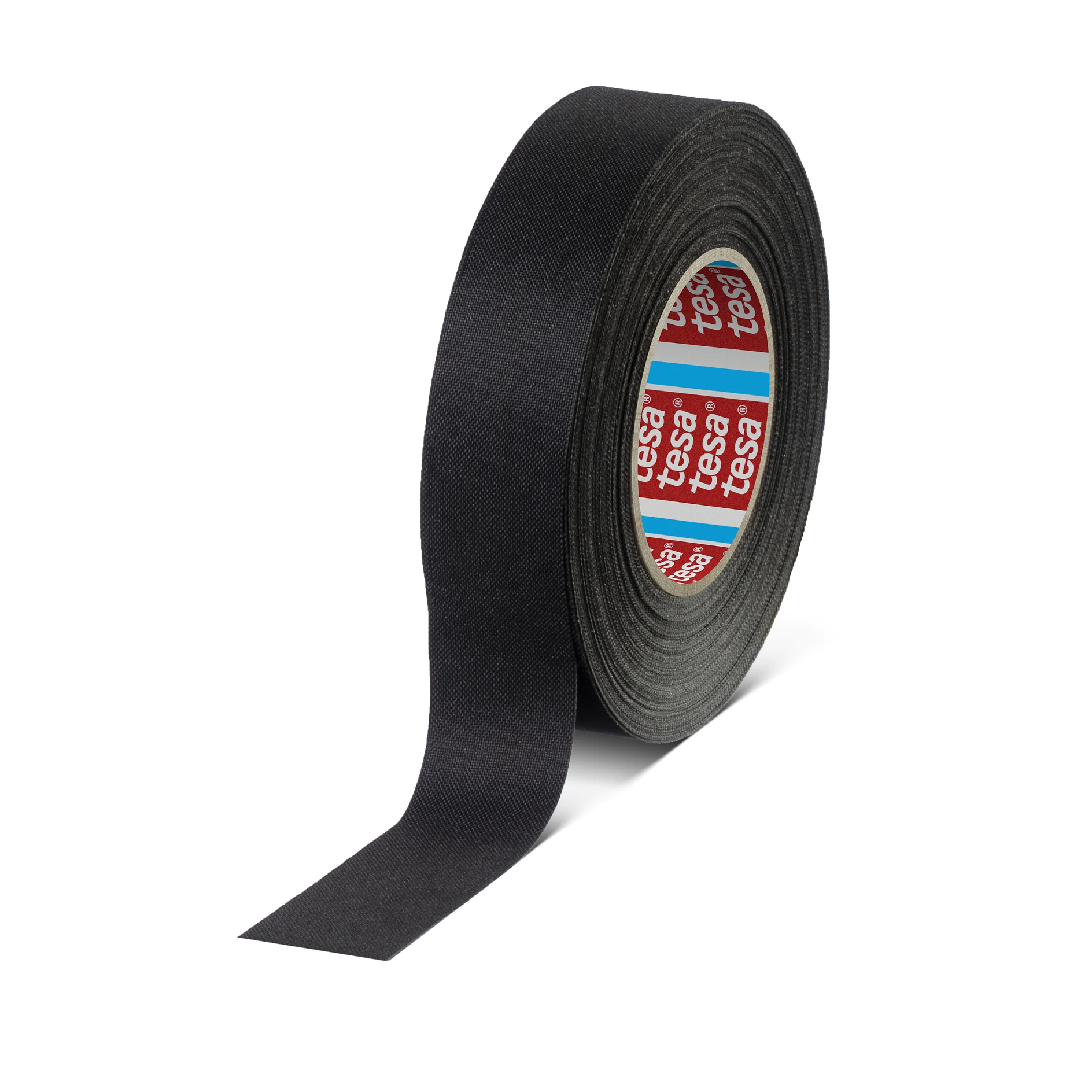 roll of black tesa adhesive tape standing upright on a white surface with a strip partially unrolled (This text has been generated by AI)