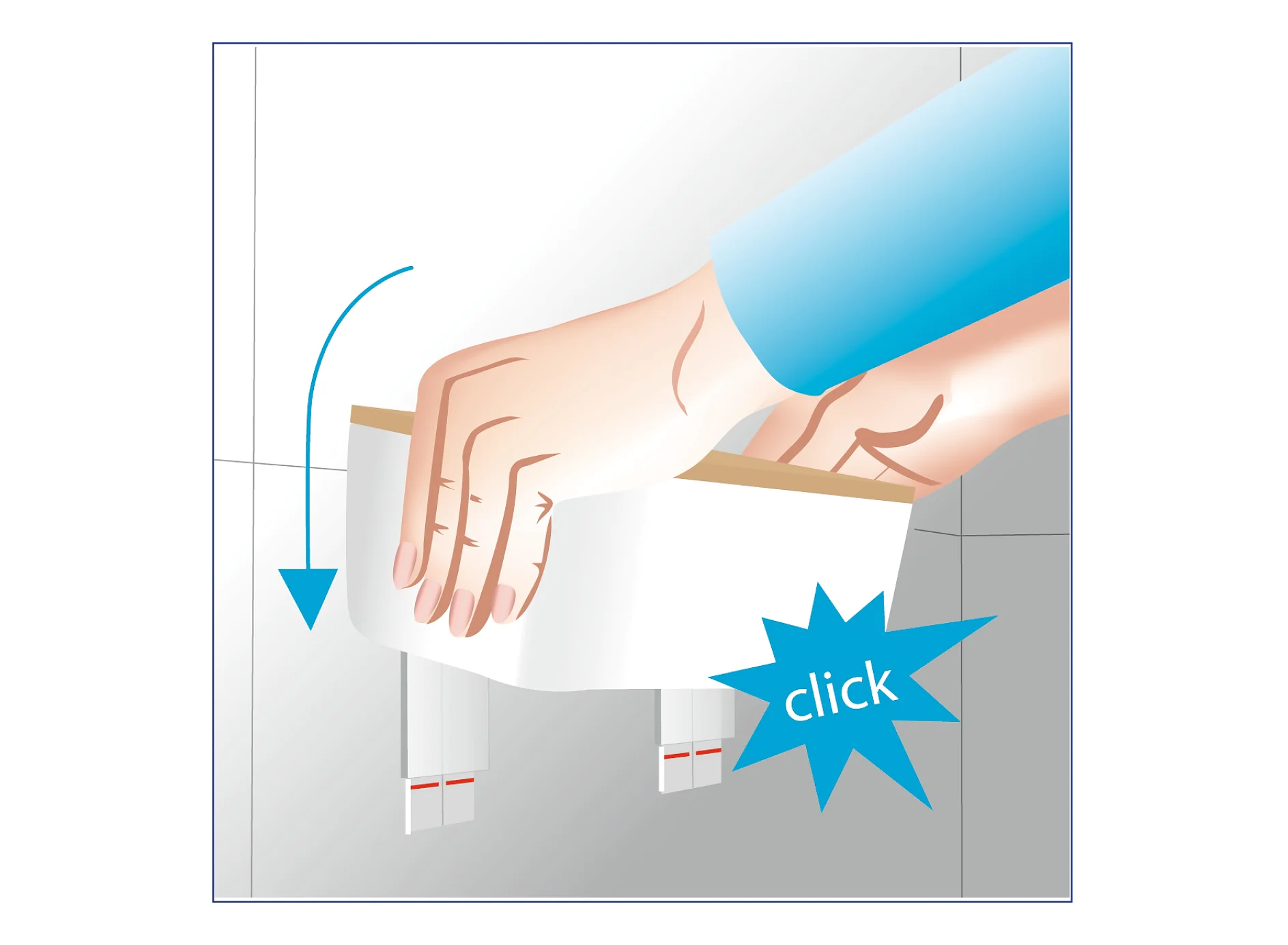 Illustration of a hand pushing a rectangular white object into a wall socket, with a blue arrow indicating downward motion. A blue starburst with the word click suggests the object locks into place using tesa tape. (This text has been generated by AI)