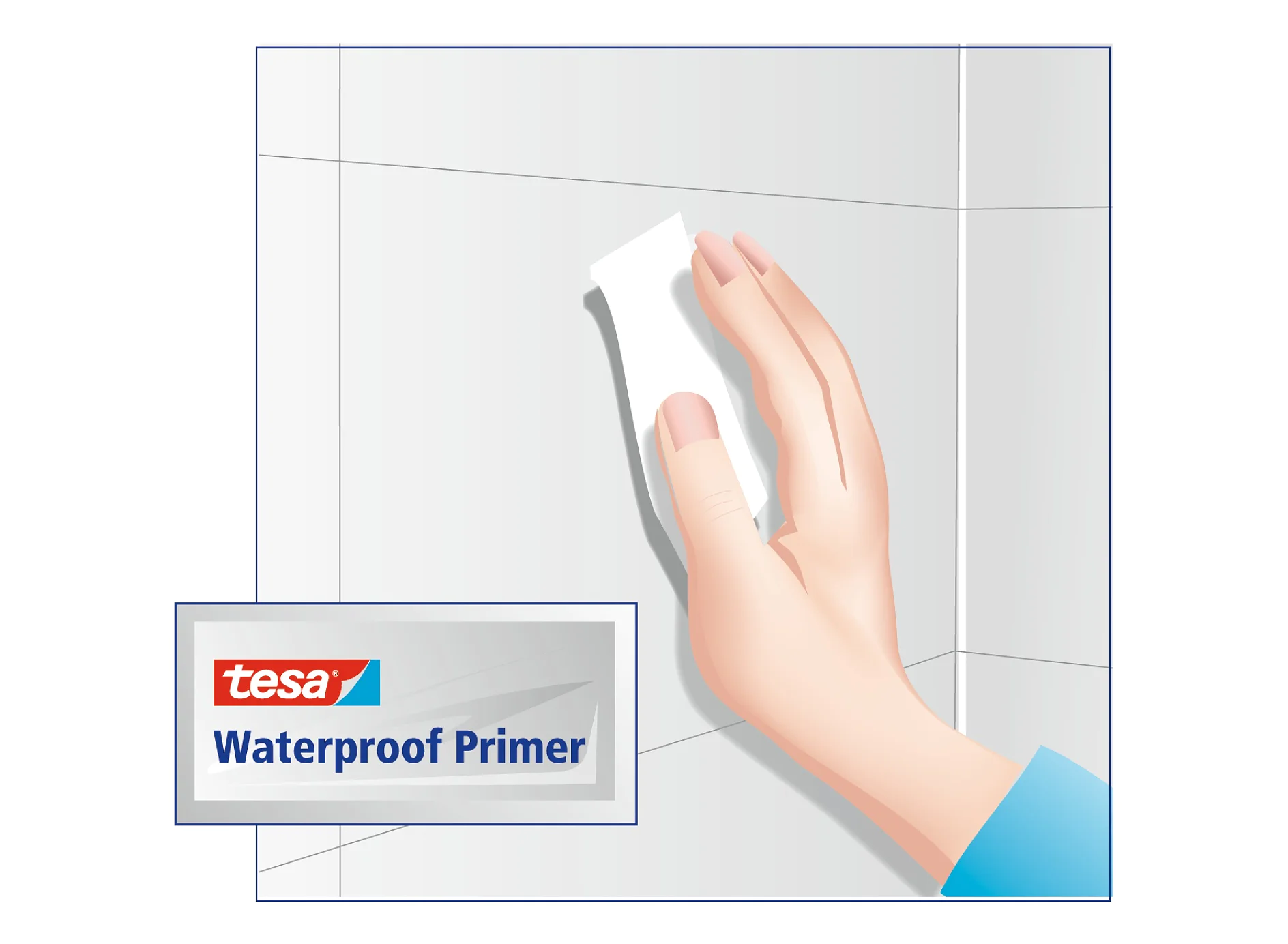 Illustration of a hand applying a waterproof primer to a corner of a wall. In the foreground, there is a box labeled tesa tape Waterproof Primer. The background shows a light gray wall surface. (This text has been generated by AI)