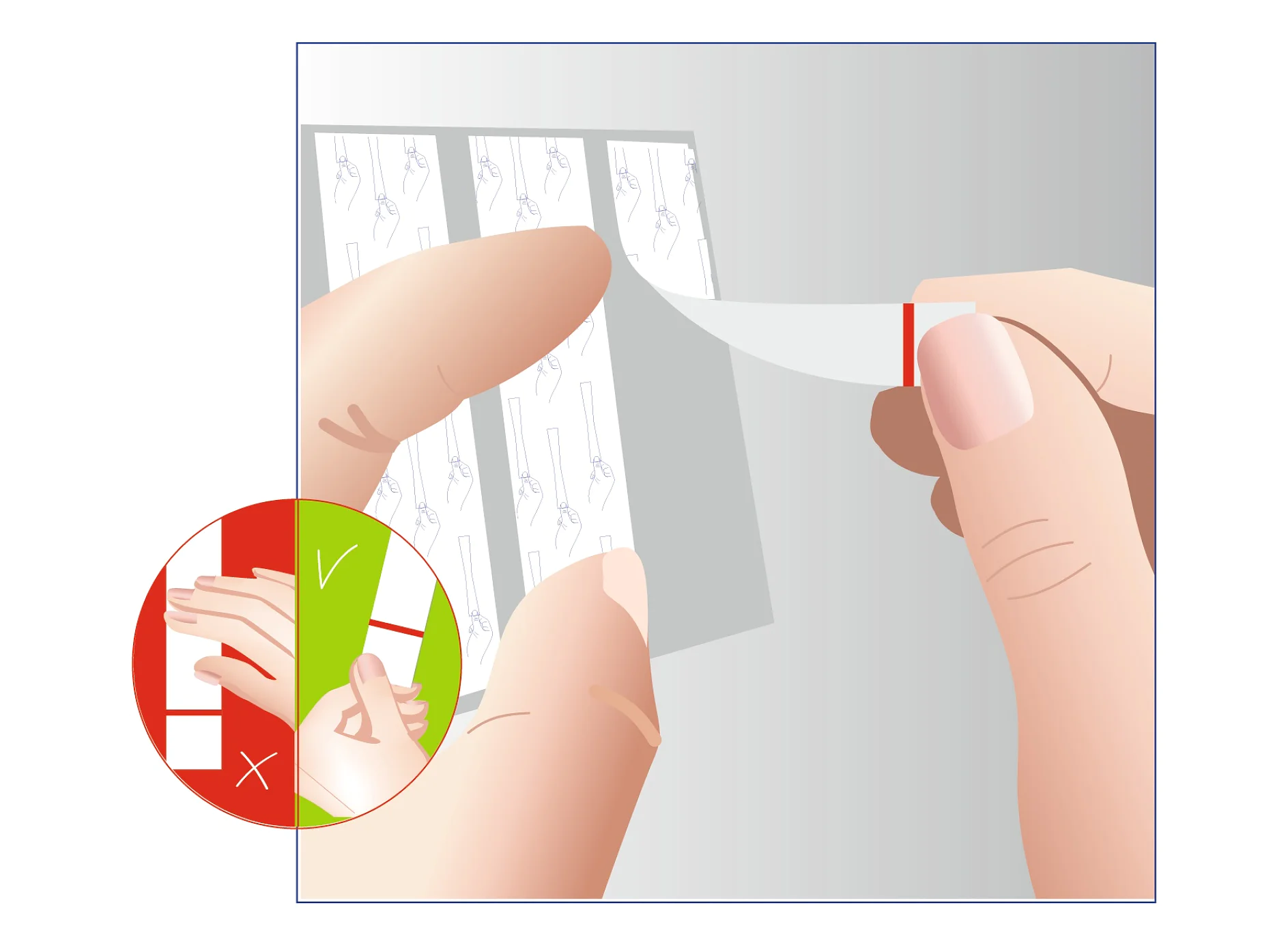 Hands peeling tesa tape from a white mounting strip. The strip has a red line for alignment. An inset shows a green checkmark for proper peel direction and a red cross for incorrect. The background is gray. (This text has been generated by AI)