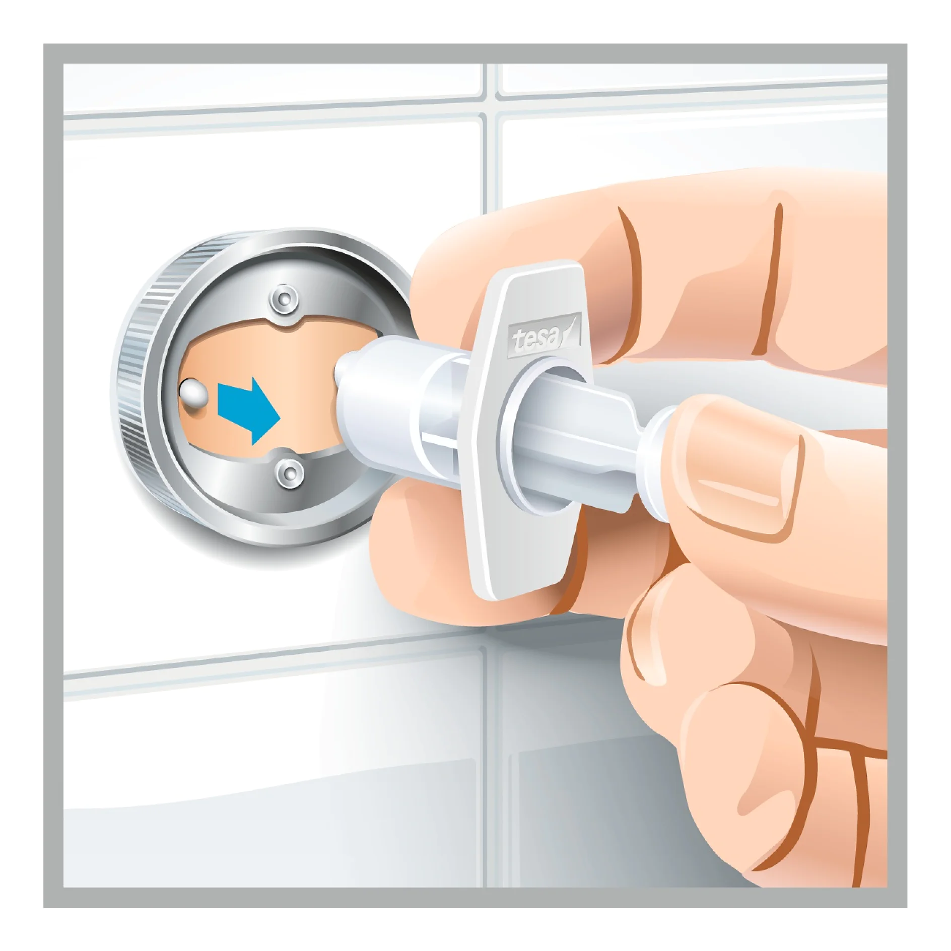 Illustration of a hand using a tool to remove a circular metallic fixture from a tiled wall. The fixture has a hole with an arrow pointing left, and the tool is being inserted into the fixture using tesa tape for securing. (This text has been generated by AI)