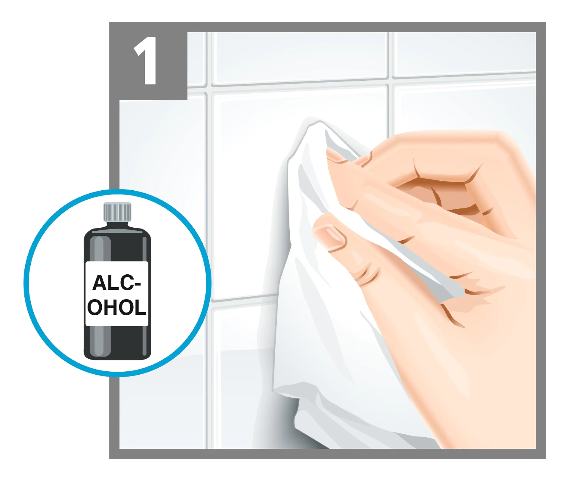 Illustration showing a hand wiping a tiled wall with a cloth. A bottle labeled Alcohol is shown in a circle to the left, suggesting the use of alcohol for cleaning the surface. (This text has been generated by AI)
